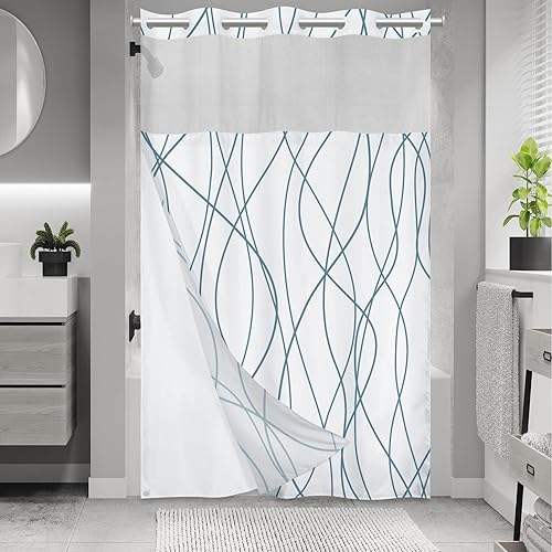 Miniatura 54 de Juego de cortina de ducha larga a rayas gris y blanco degradado sin gancho con forro a presión - Juego de cortina de ducha y forro de hotel