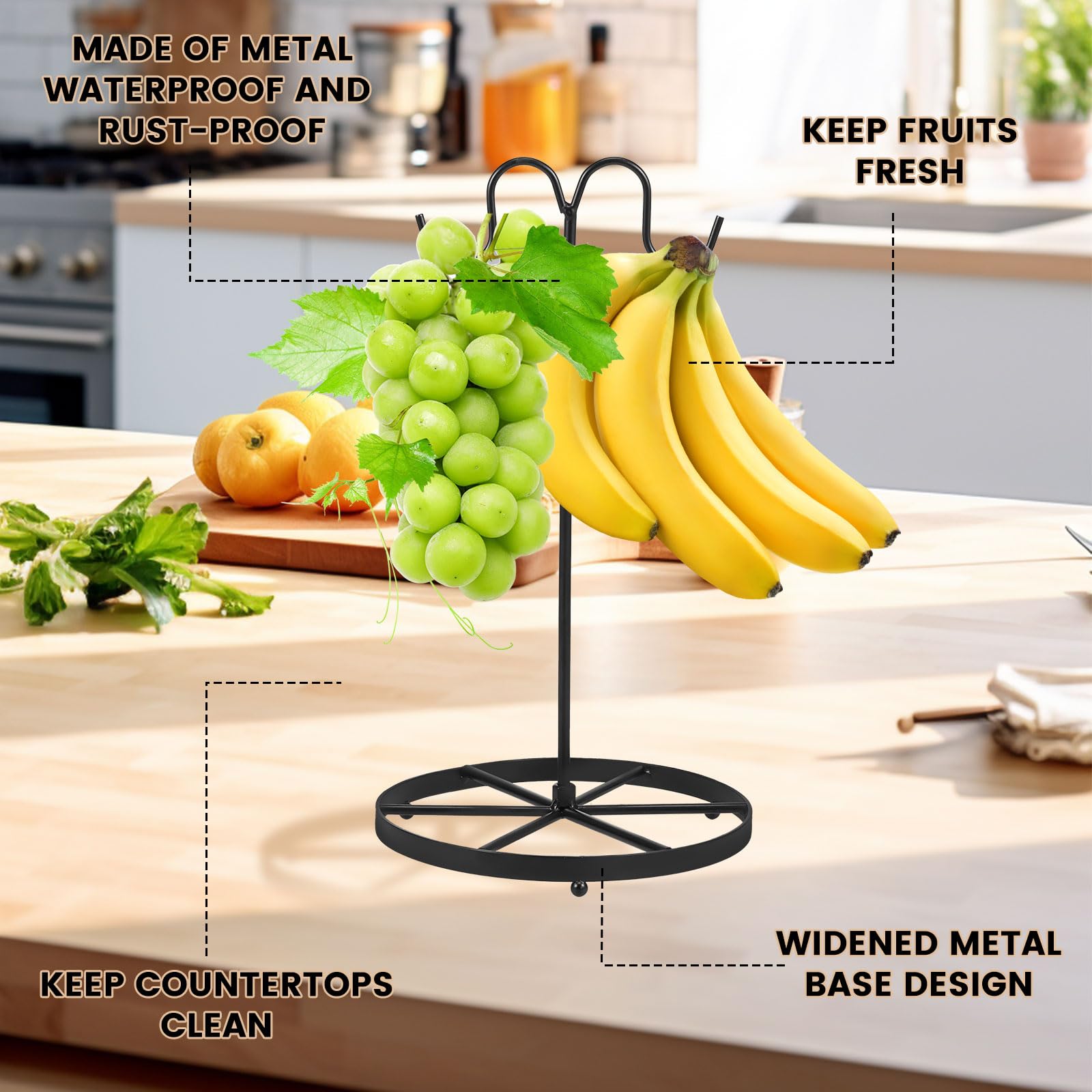 Banana Holder Stand - Black Metal Banana Tree With Heavy Base, Rust-Resistant, Minimalist Kitchen Countertop Storage