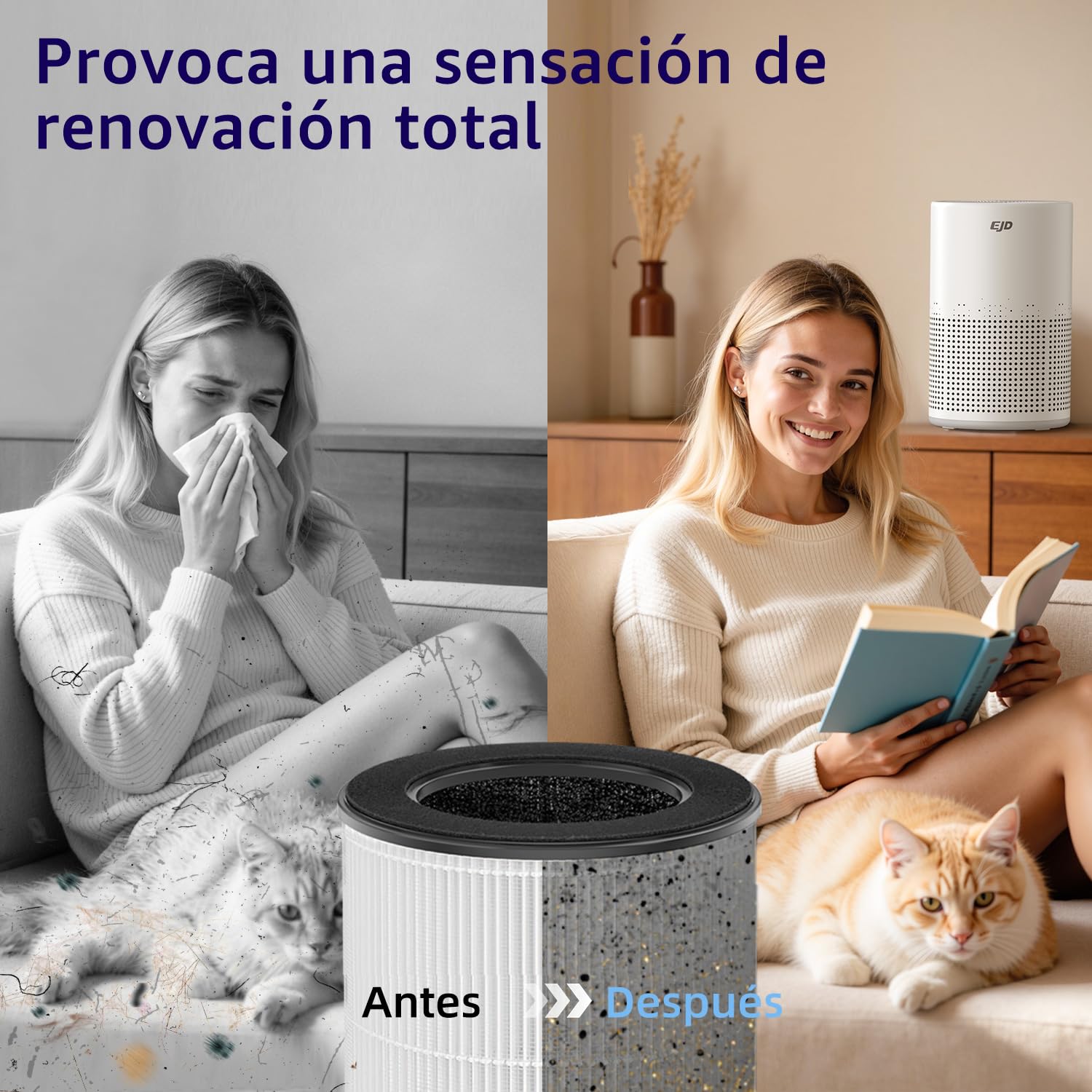 Purificador de aire EJD H13 True HEPA para hogar y dormitorio | Modo de suspensión de 12 dB, control de velocidad, temporizador, para olores, polvo, humo y polen