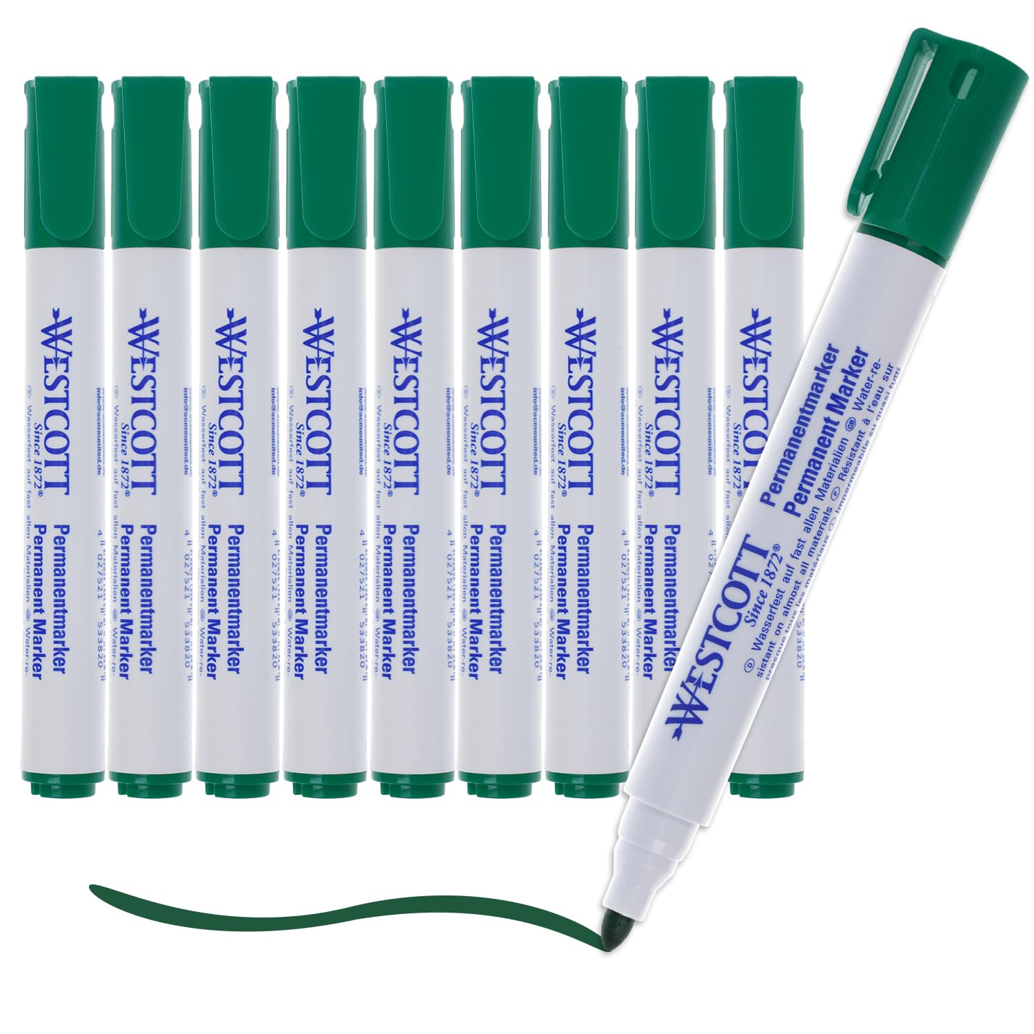 Westcott Rotuladores permanentes, 10 unidades, verde, Rotuladores resistentes al agua, Punta redonda de 1,5-3,0 mm, Recargables, resistentes a la luz, secado rápido, E-713008 00
