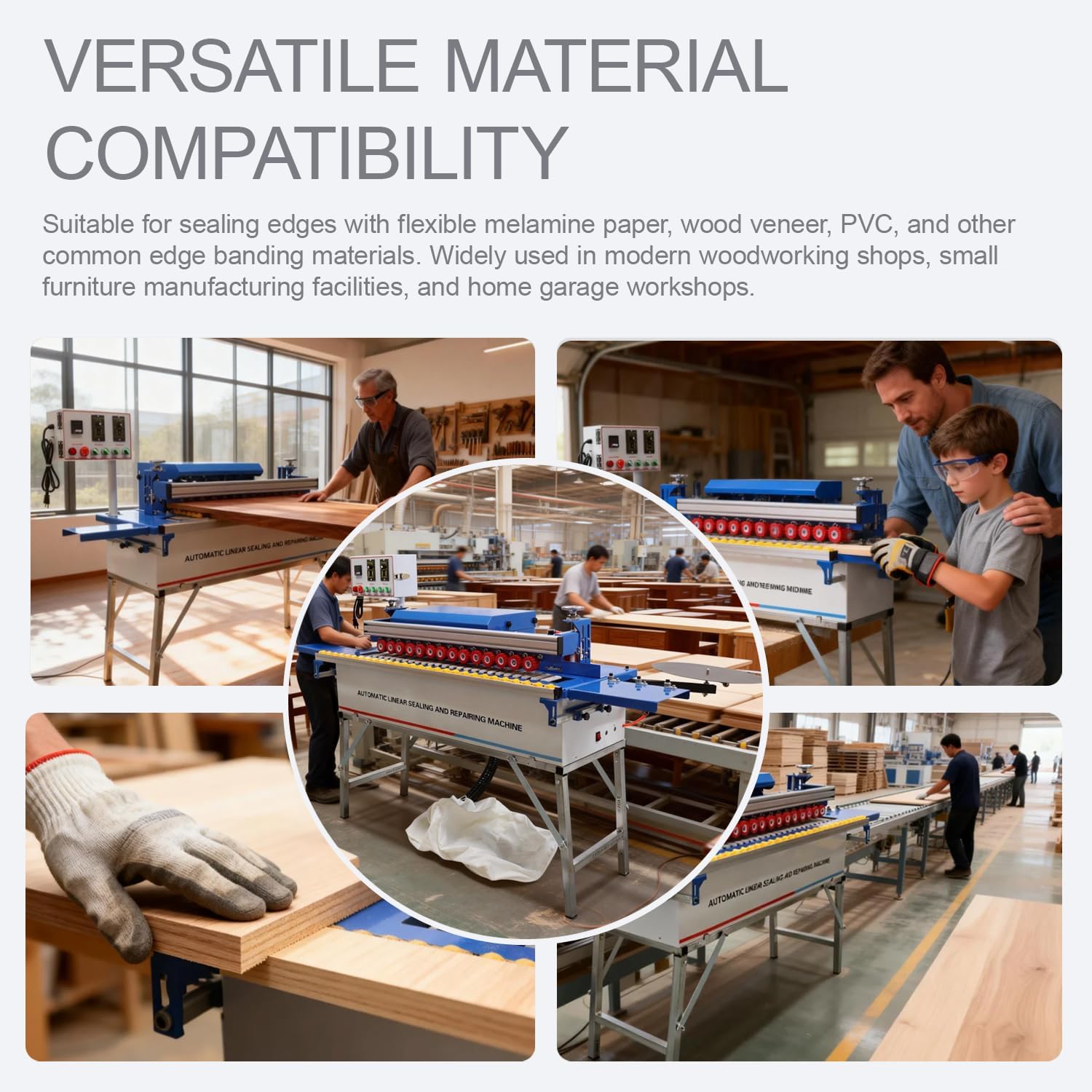 Woodworking Edge Banding Machine Straight Edge Bander Machine with Dust Extraction Function Upper Control Panel Double-Side Gluing Automatic Tape Breaking 110V