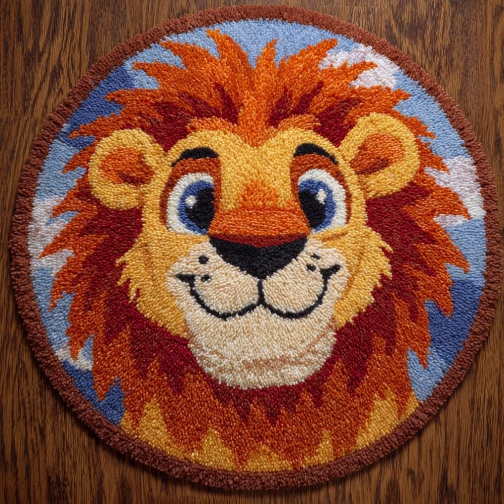 kitphoenix Round DIY Latch Hook Rug Kits Lion 20X20Inch (50X50Cm) Easy for Beginners Round Carpet Crochet Yarn Craft Large Rug Hook and Latch Tapestry for Home Decor
