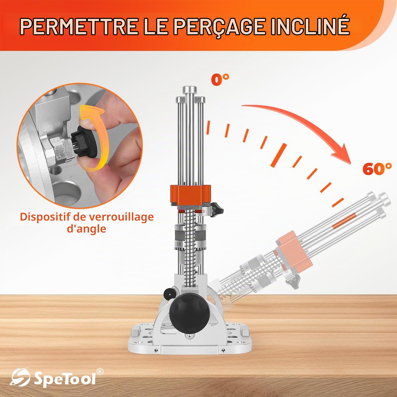 SpeTool Support de perçage pour visseuse sans fil avec roulements à billes, barres de guidage, mandrin de 1/2", support de perçage réglable de 0 à 60 °, support de perçage mobile pour perçage droit