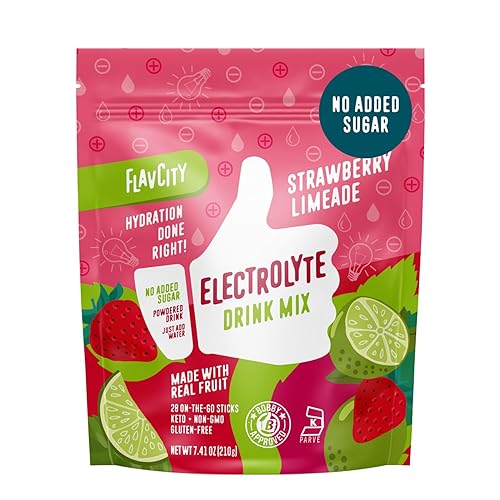 FlavCity Strawberry Limeade - Mezcla de bebida de electrolitos para llevar, 28 paquetes de electrolitos saludables en polvo hechos con fruta real,