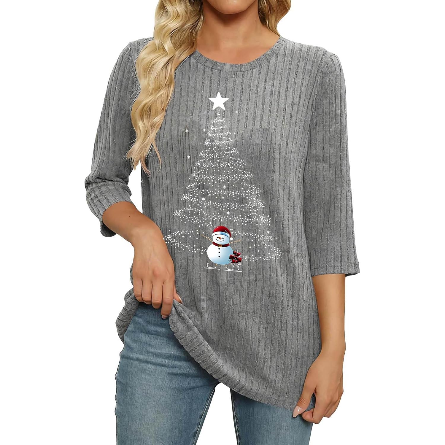 Womens Sweaters Fall Fashion 3 4 Length Sleeve Tops Crew Neck Christmas Shirts Casual Pullover Cute Winter Clothes