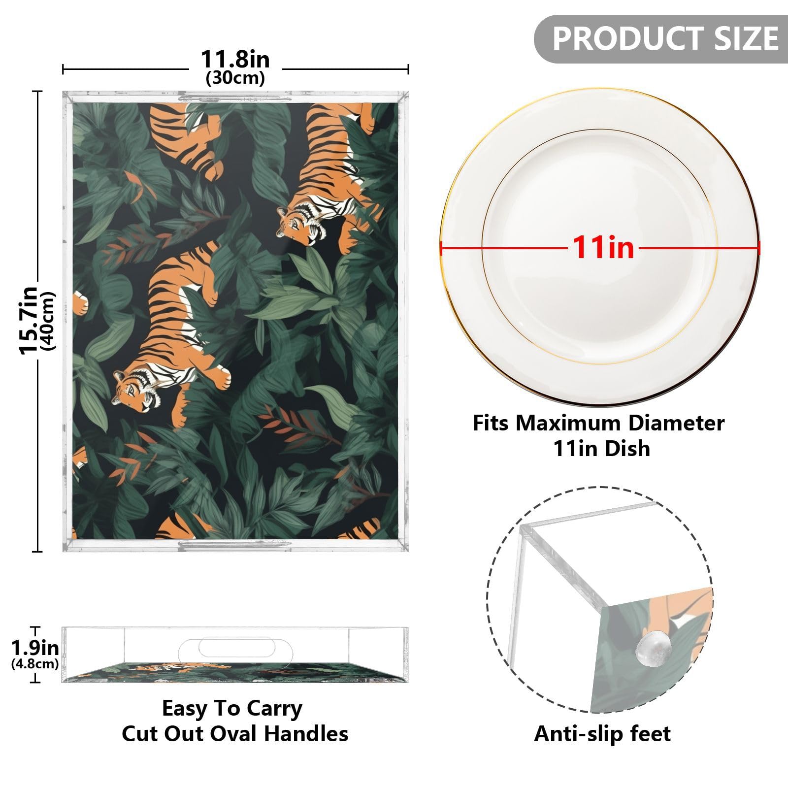 Bandejas acrílicas transparentes con asas, bandeja de café acrílica de 12 x 16 pulgadas, bandeja de café acrílica verde personalizada con patrón de tigres a prueba de derrames