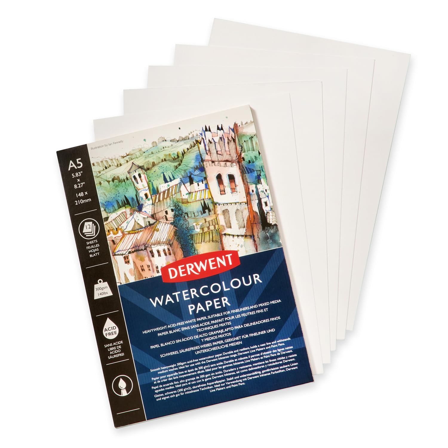 Derwent Bloc Papier Aquarelle A5 300 G/m² – 12 Feuilles Blanc, Idéal Crayons Aquarellables Et Techniques Mixtes