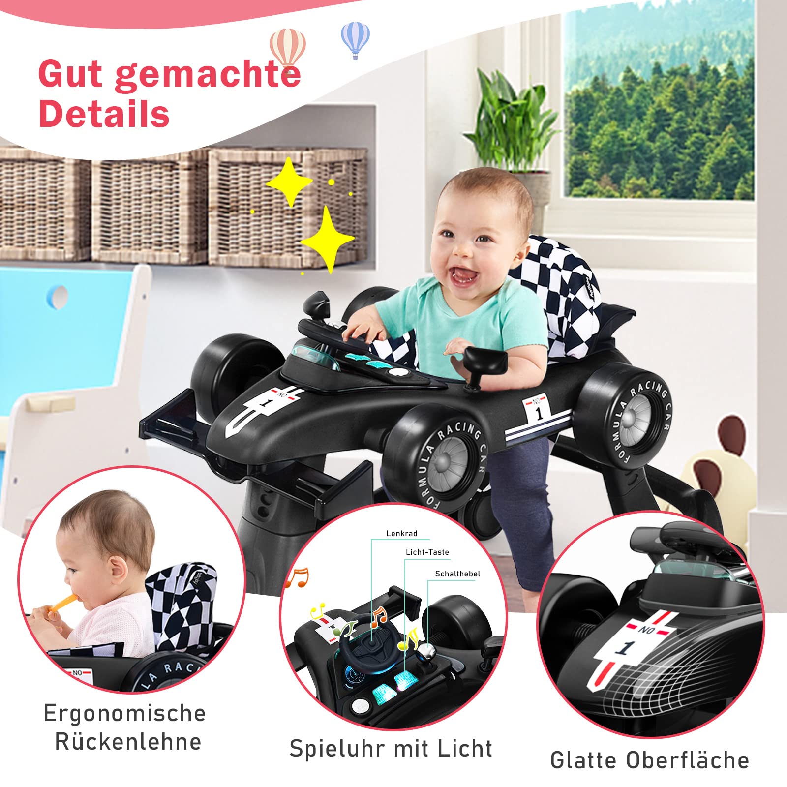 COSTWAY Loopwagen, 4-in-1 loophulp, inklapbaar, met instelbare hoogte en snelheid, babywalker, in de vorm van een auto, met muziek, licht, antislip pads en wielen, voor baby's vanaf 6 maanden, grijs