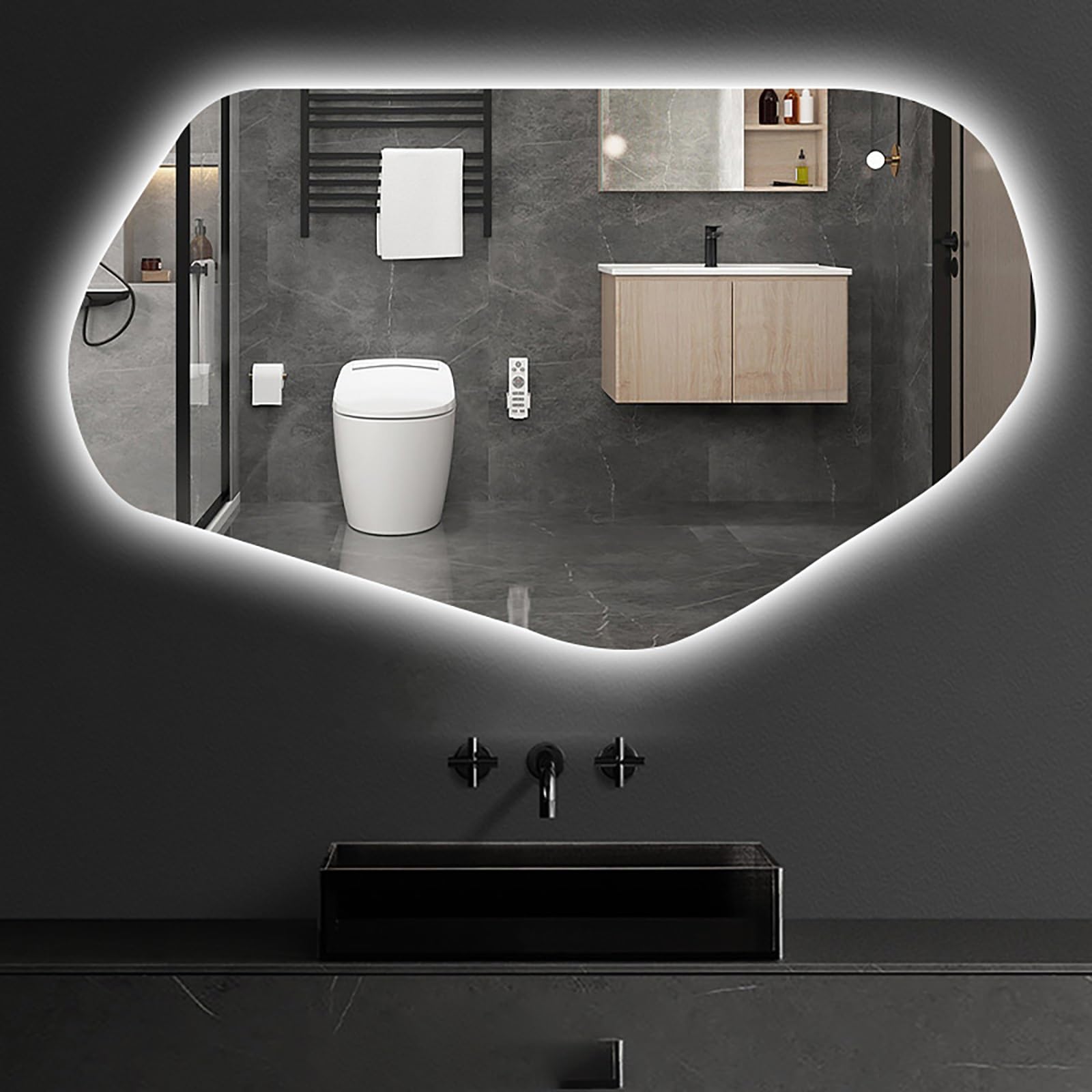 FGXHHS Irregular Led Lighted, Intelligent Defogging, Touch Open Light, 3-Color Dimmable, 45 * 70cm/17.7 27.6" Modern Frameless Wall Mirror for Hotel &