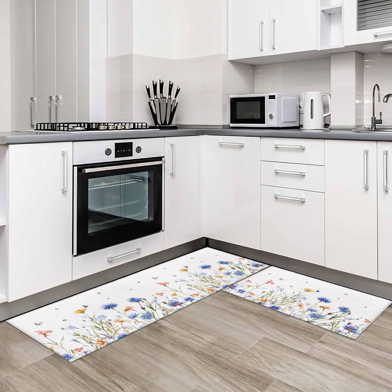 Kitchen Mats for Floor Pastoral Blue Floral Butterfly on White Washable Non Slip Kitchen Rugs 2PCS, Watercolor Flowers Absorbent Standing Mats for Sink Office Living Room 15.7x23.6in+15.7x47.2in