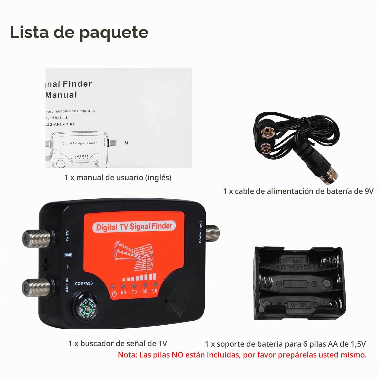 Medidor de Señal de TV, Weytoll Buscador de señal de TV, pantalla LED, antena de TV portátil, buscador de fuerza de señal, medidor de búsqueda de señal con brújula, zumbador de alarma