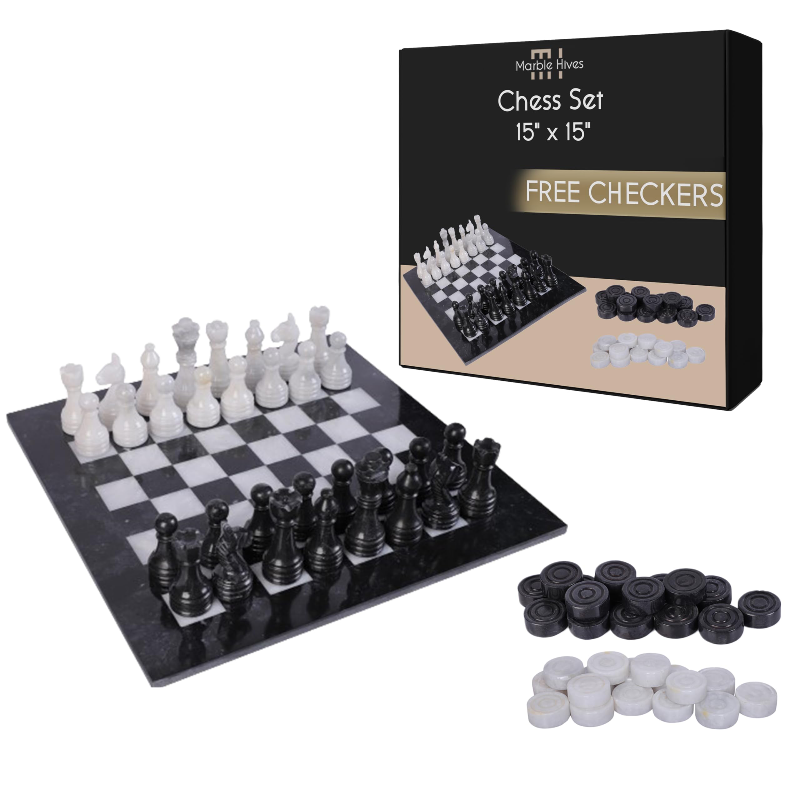 Handmade Marble Chess Set with Free Checkers - Chess Sets for Adults - Premium Quality Chess Boards - Fancy Chess Boards (15 x 15, Black and White)