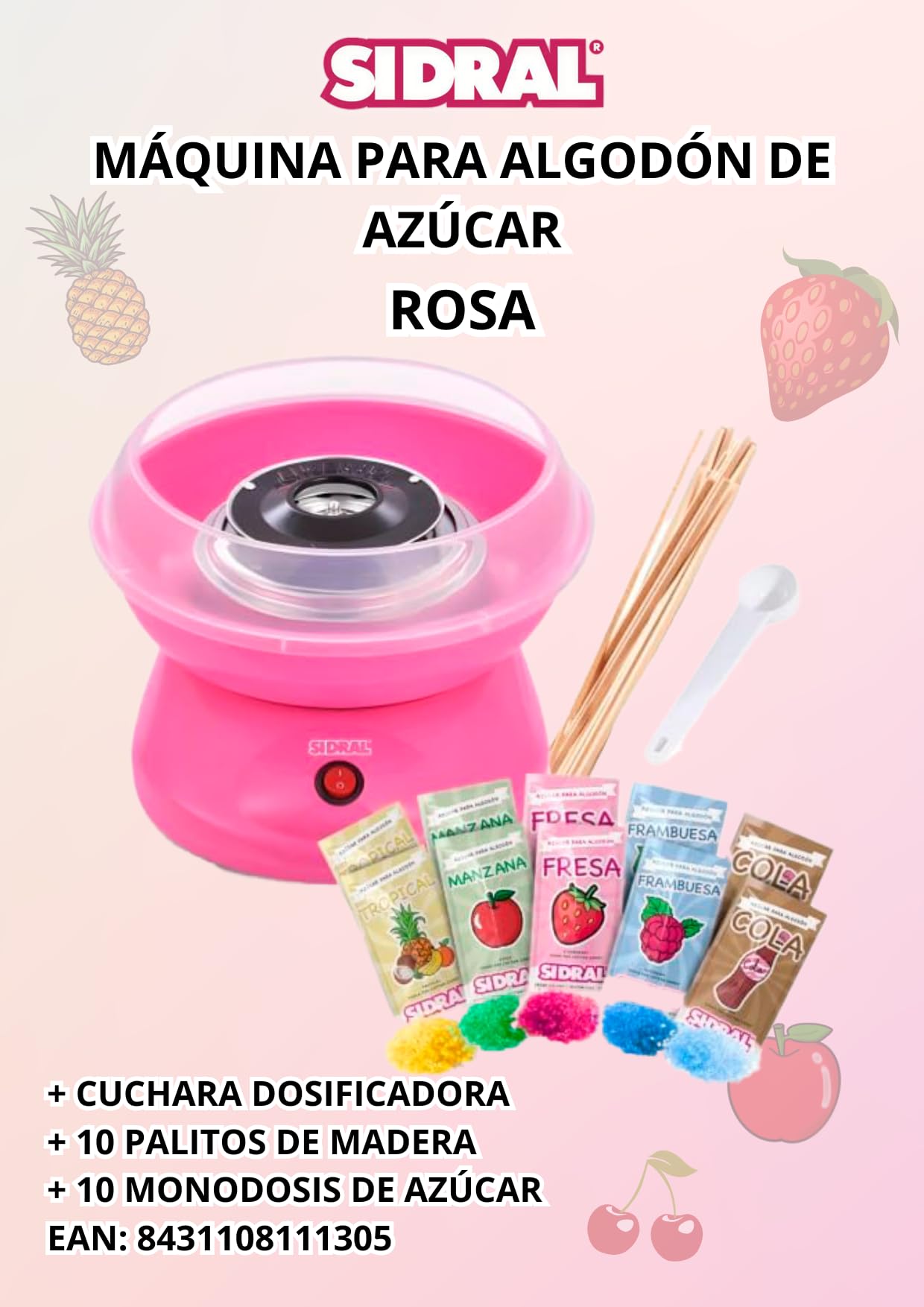 SIDRAL – Máquina para Algodón de Azúcar + 10 Palos + 10 Monodosis Azúcar y Cuchara Medidora de Azúcar, Fácil Uso para Adultos, Maquina Algodón de Azúcar (ROSA)
