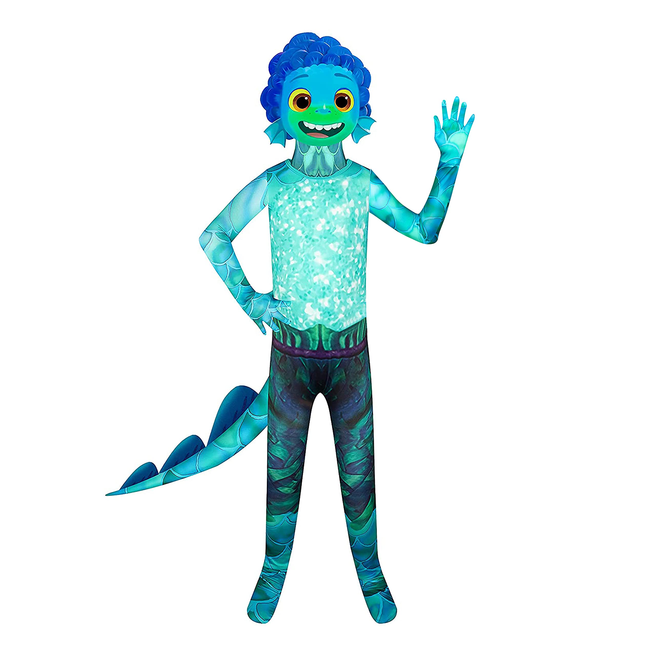 Luca Kids Sea Monster Costume Boys Halloween Jumpsuit Cosplay for Girls Green Outfit with 3D Mask Tail 3-8 Years