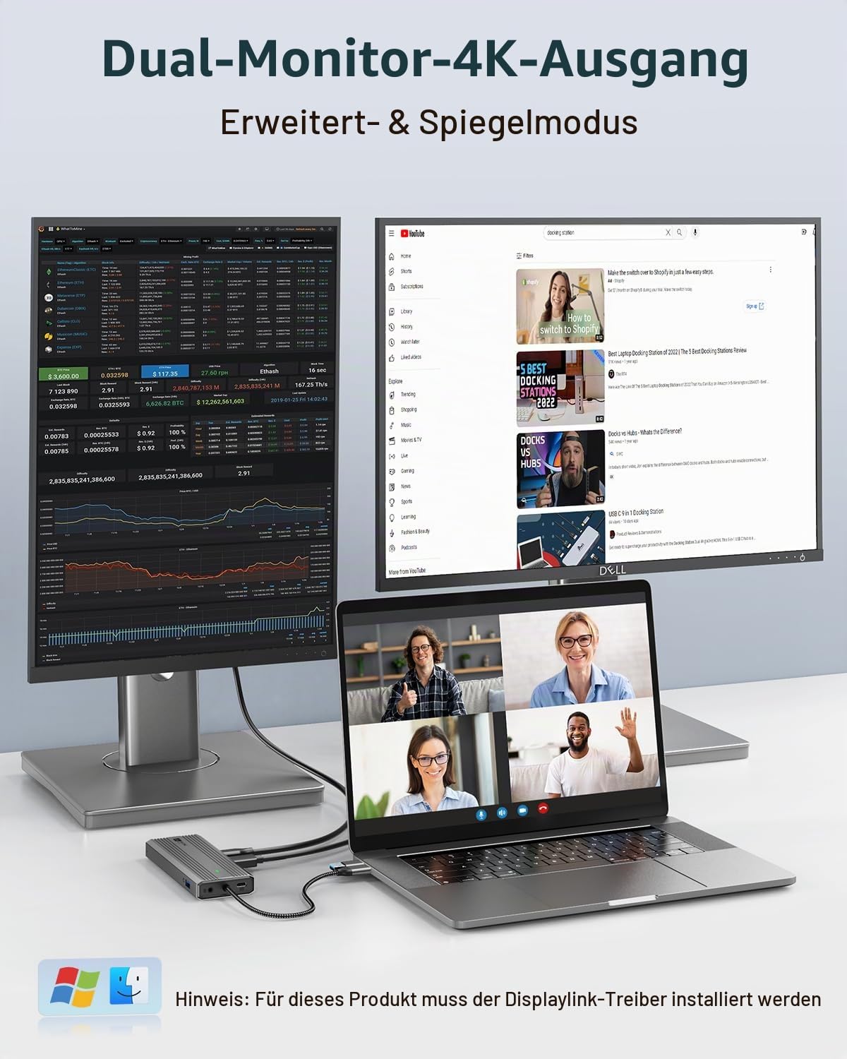 Displaylink Dockingstation Dual Monitor, 2 HDMI 4K60HZ & 2 Displaylink für MacBook M1/M2/Dell/HP/Surface/Lenovo,10 in 1 10 Gbps USB-C Hub Adapter mit Ethernet, USB 3.2, Mikrofon, Audio, 100W PD