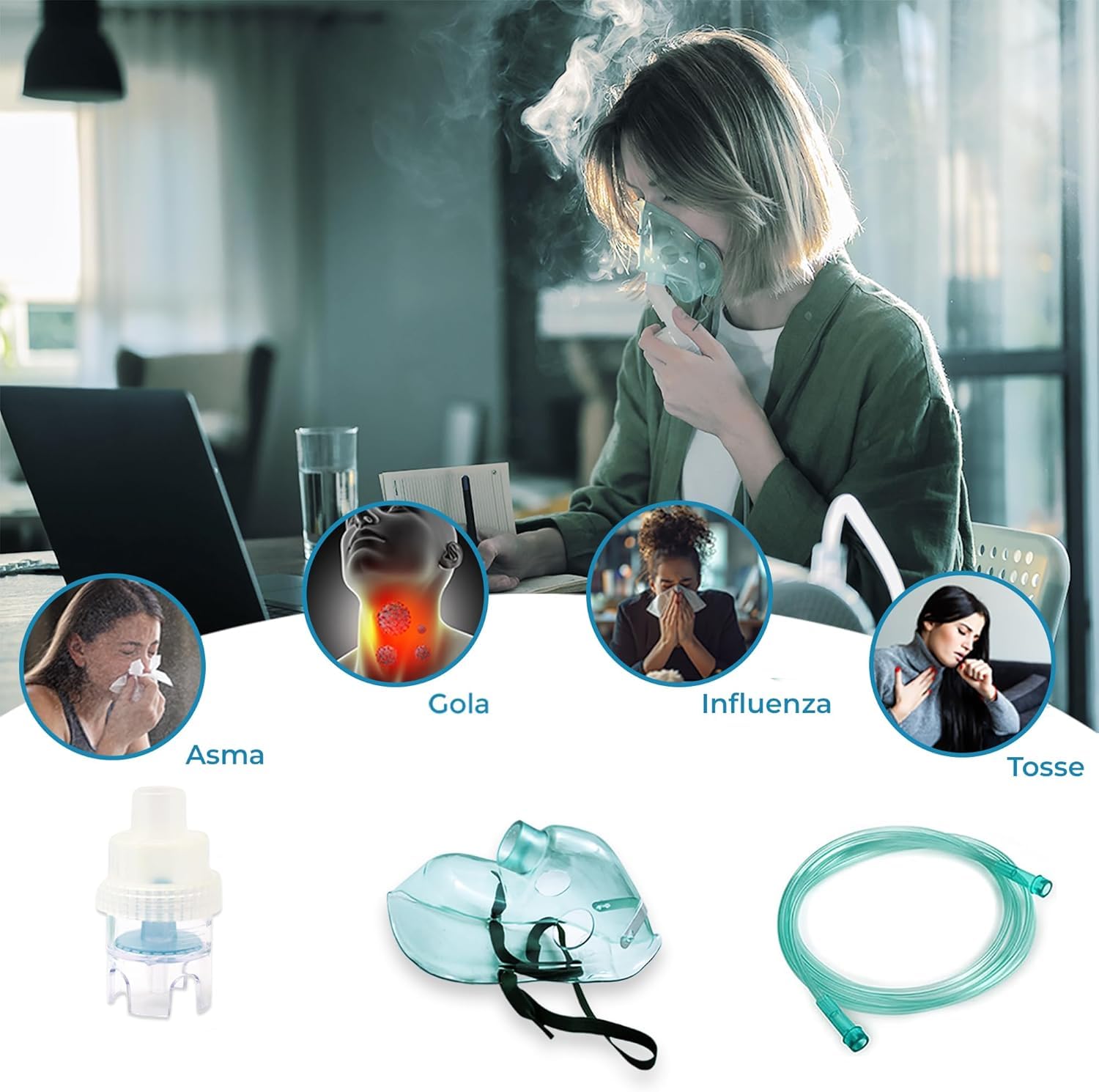 ALL4US® Kit ricambi per aerosol universale per adulti con maschera, ampolla, fascia elastica, tubo da 2.1 metri per inalazione, filtro ed accessori per nebulizzatore, compatibile con tutte le marche.