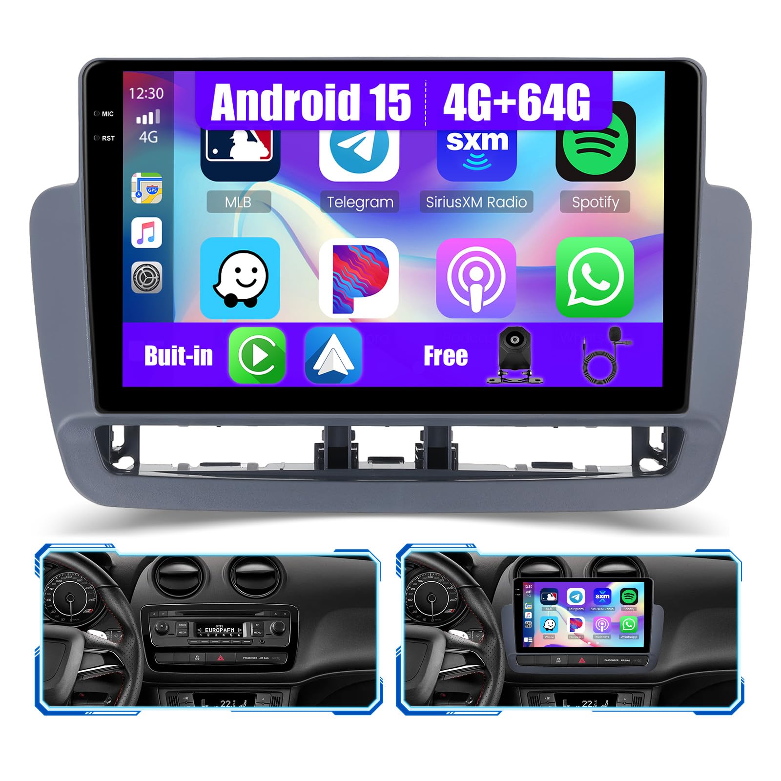 Inefala 4G+64G Autoradio Android 15 para Seat Ibiza 2012-2015 | Pantalla Táctil de 9", Wireless CarPlay, Android Auto, GPS, WiFi, RDS/FM, BT, EQ, SWC, Cámara Trasera, MIC