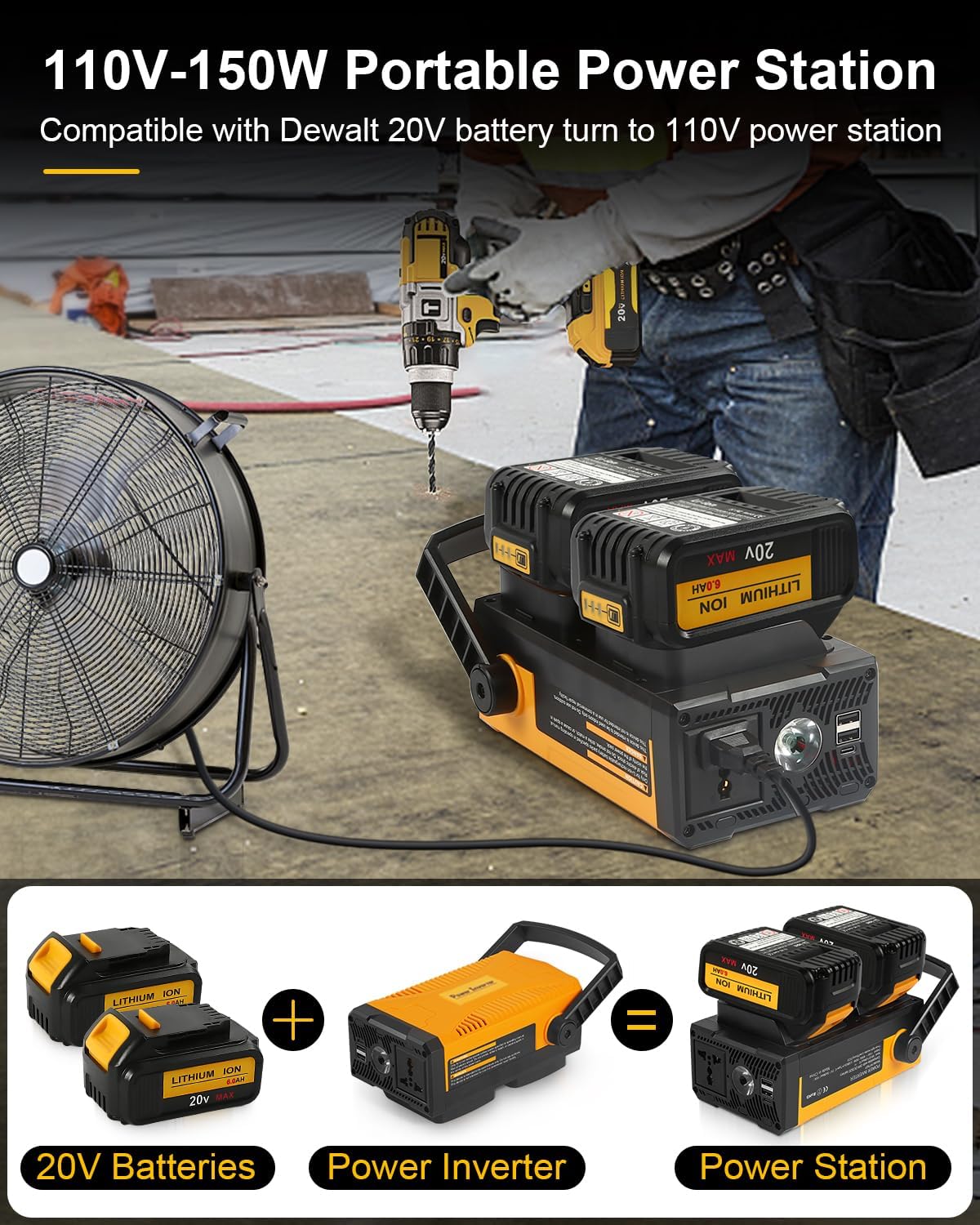 Amityke Upgrade 300W Portable Power Supply Inverter Compatible with 2 Pack 20V Battery 6.0A, DC 20V to AC 110V~120V Modified Sine Wave Power Inverter with AC Outlet and Dual USB Yellow - Image 2