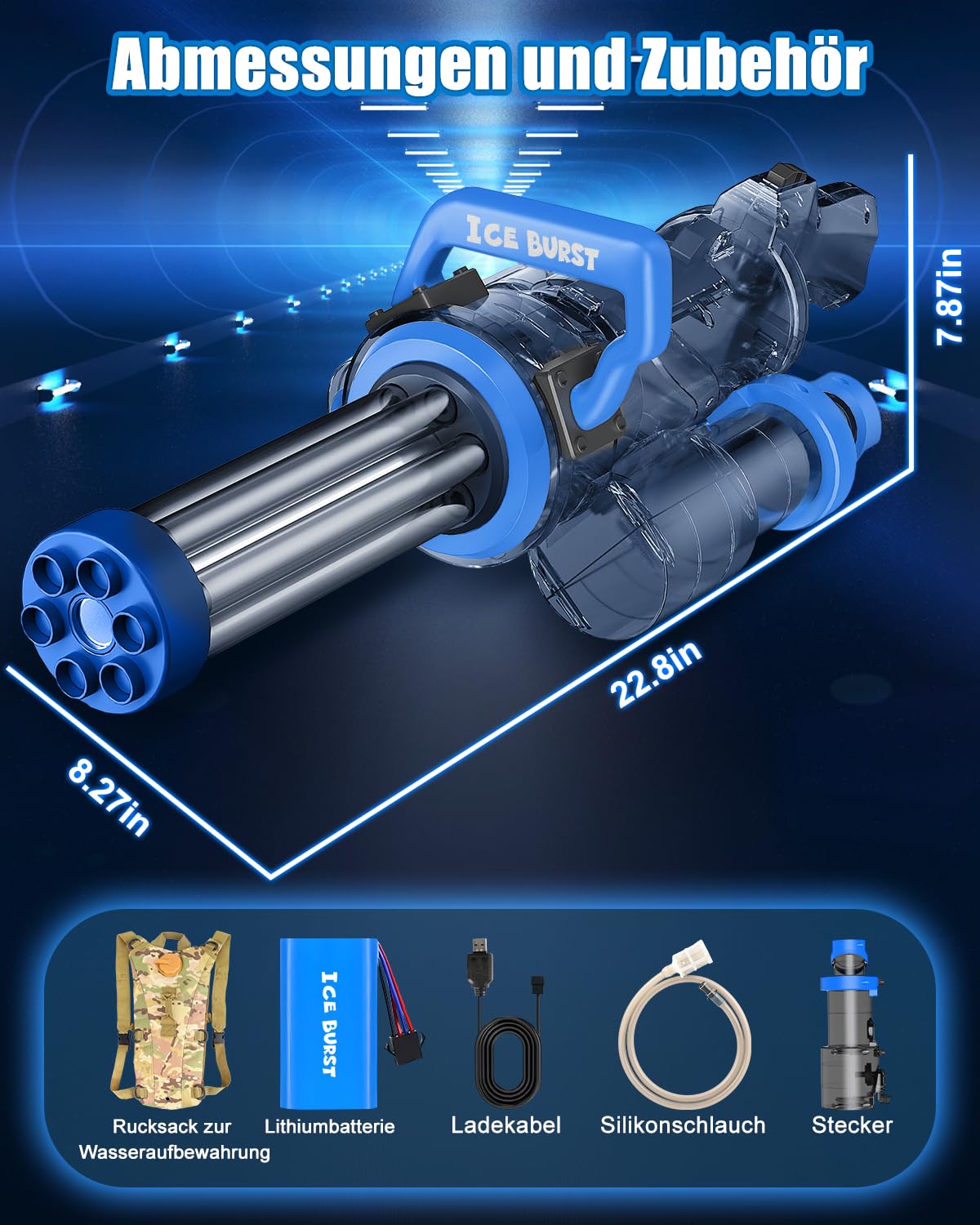 Gatling Elektrische Wasserpistole, Hochleistungs-Automatik-Wasserpistole mit großem Rucksackvolumen, Reichweite bis zu 8, beeindruckende Mündungsfeuer-Effekte für Erwachsene und Kinder (Blau)