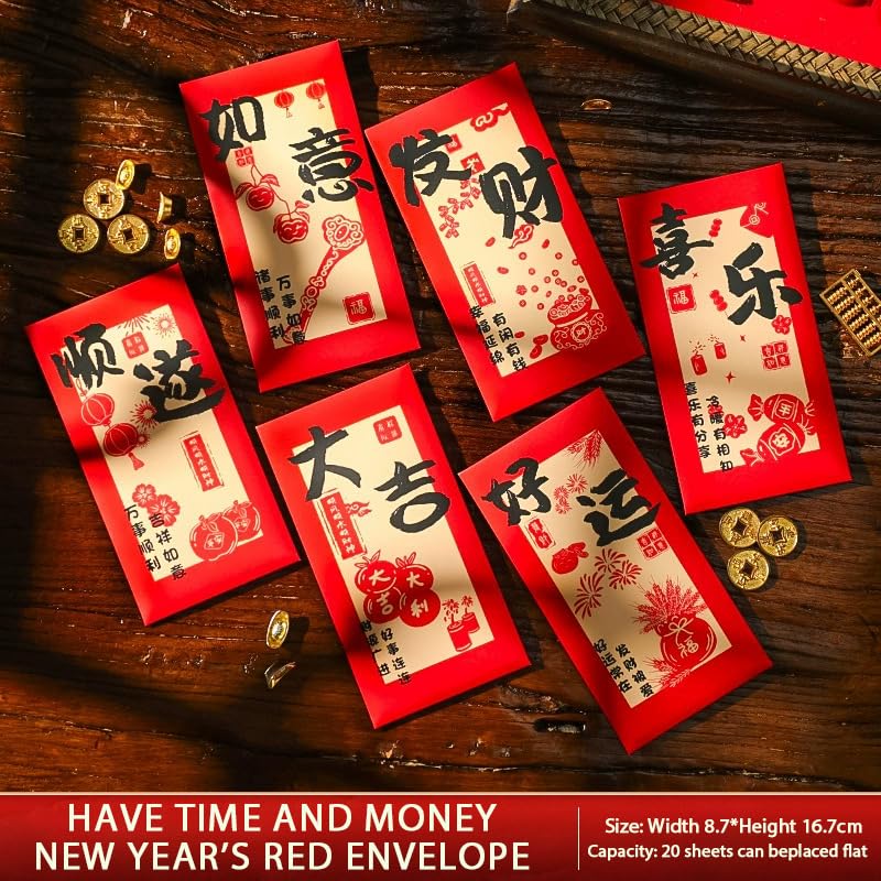 Lot De 5 Enveloppes Rouges Porte-bonheur - Feuille D'or, 89x18 Cm, Pour Nouvel An, Noël Et Fêtes Traditionnelles