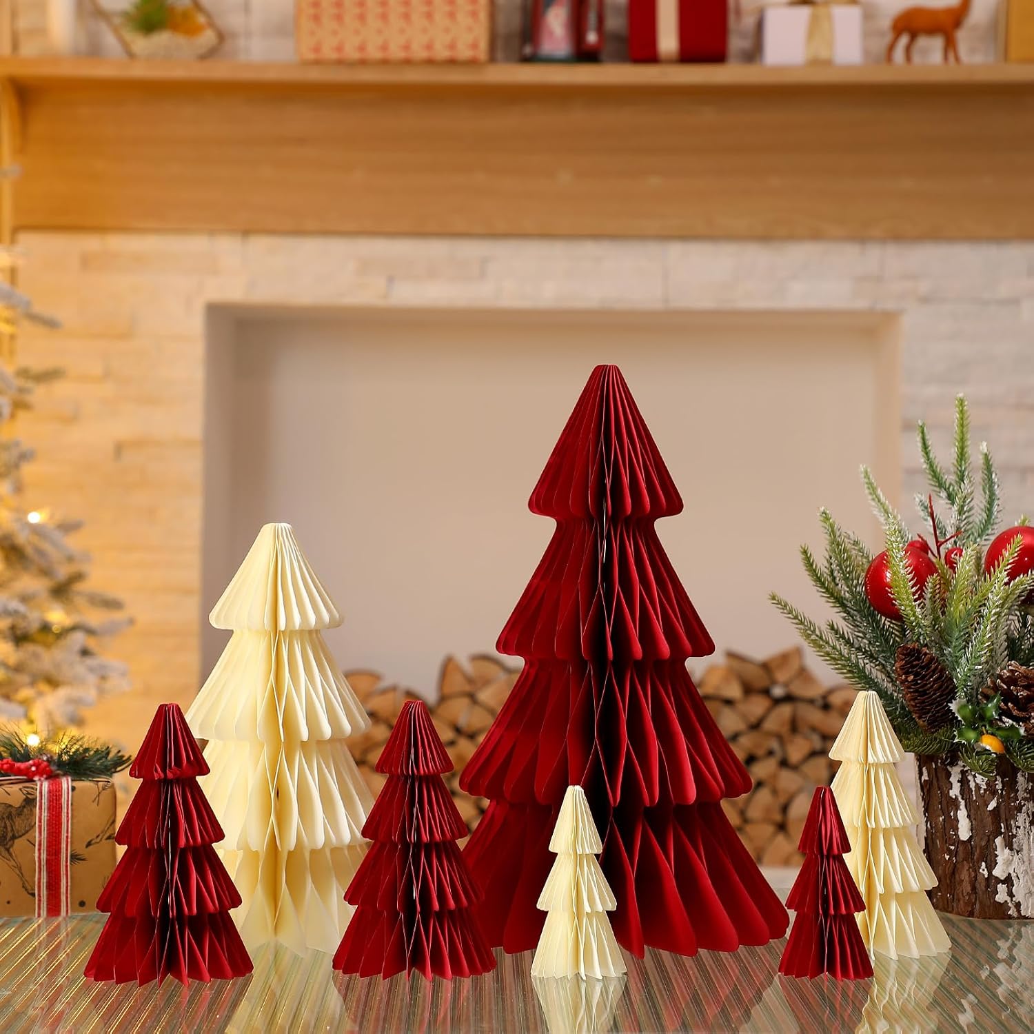 Cinnvoice 7 Pcs Red Christmas Tree Honeycomb Centerpiece Minimalist 3D Paper Trees Centerpiece Neutral Modern Christmas Decor Rustic Reusable Xmas Paper Table Decoration for Xmas Winter Home Decor