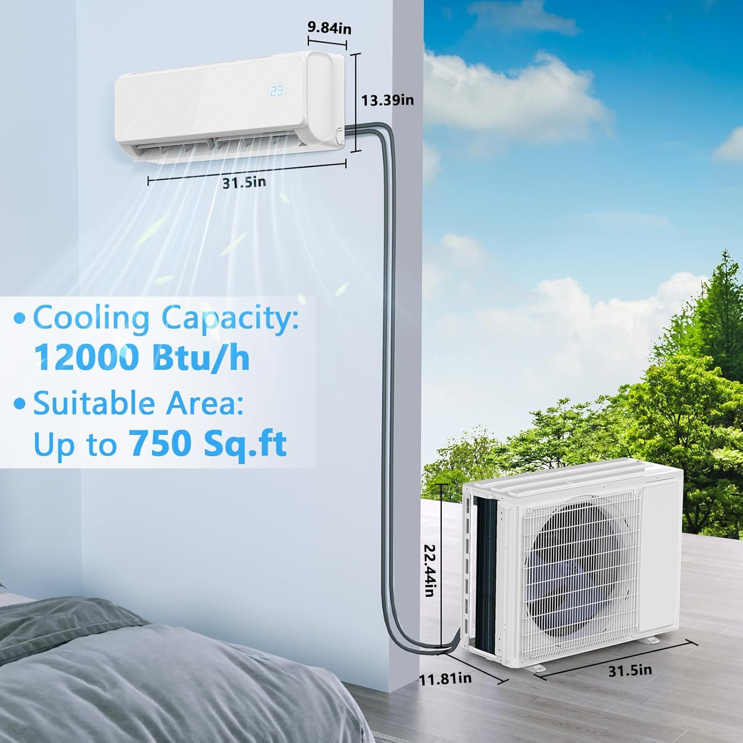 12000 BTU Mini Split Air Conditioner & Heat Pump – Inverter SEER2 22 115V, Energy Star, Ultra Quiet, with Child Lock, Self-Cleaning, Cools and Heats Up to 750 Sq.ft, Easy Installation Kit image 8 of 8 B0FGXXLSFT