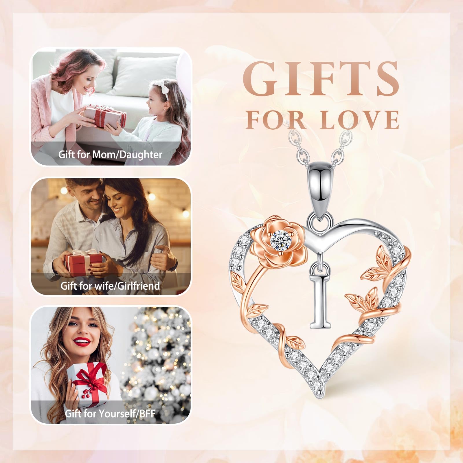 EUDORA Harmony Ball Collana con iniziali a Cuore Rosa per Donne, Lettera dalla A alla Z Collane con Iniziali dell'Alfabeto in Rame Placcato in Rodio Iniziali con Ciondolo Regali di Gioielli, 18"