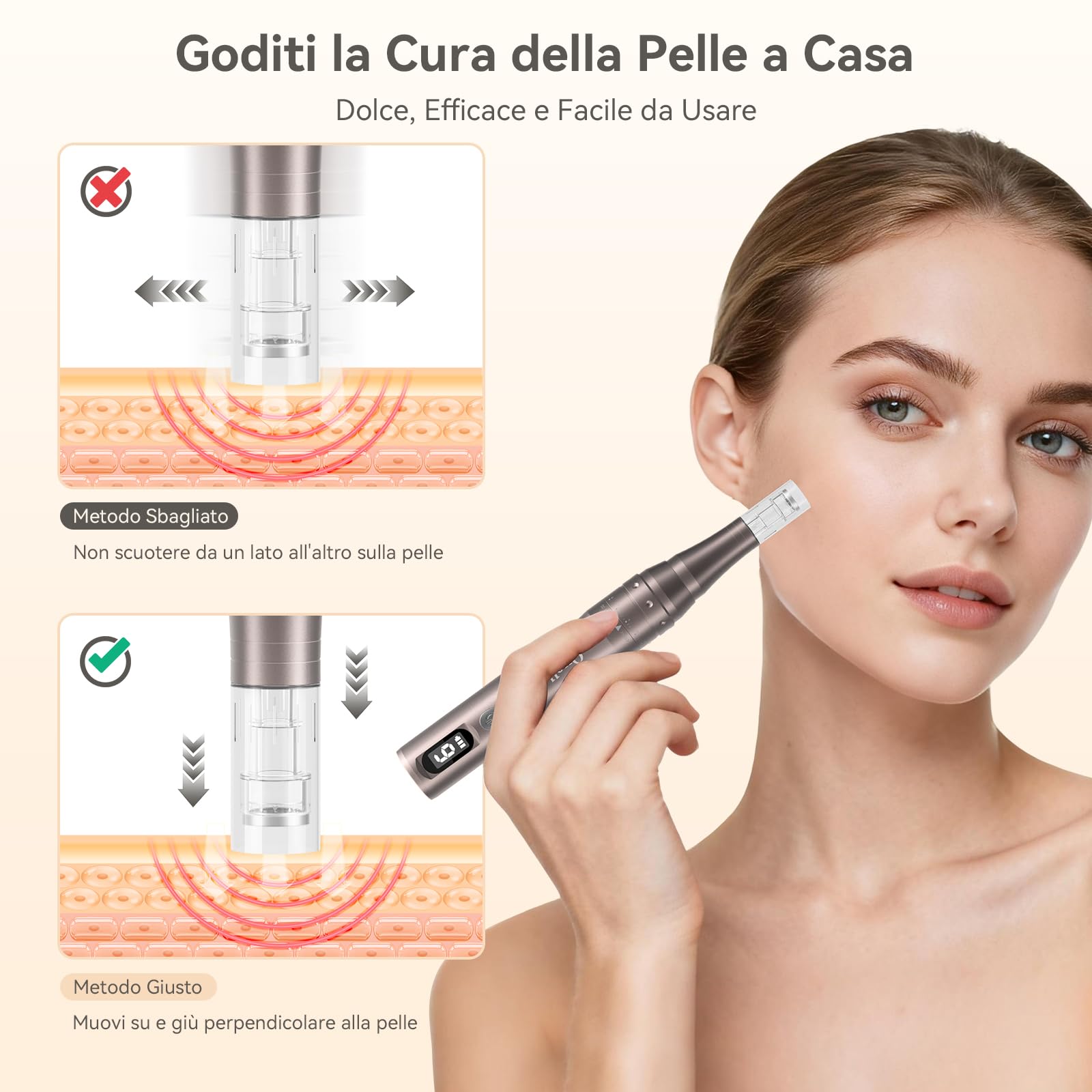 QUELLE Dermapen Microneedling Professionale - Penna Microneedling Viso Elettrico con Display LED, 6 Velocità, 16 Cartucce Ricambio - Derma-Pen Senza Fili