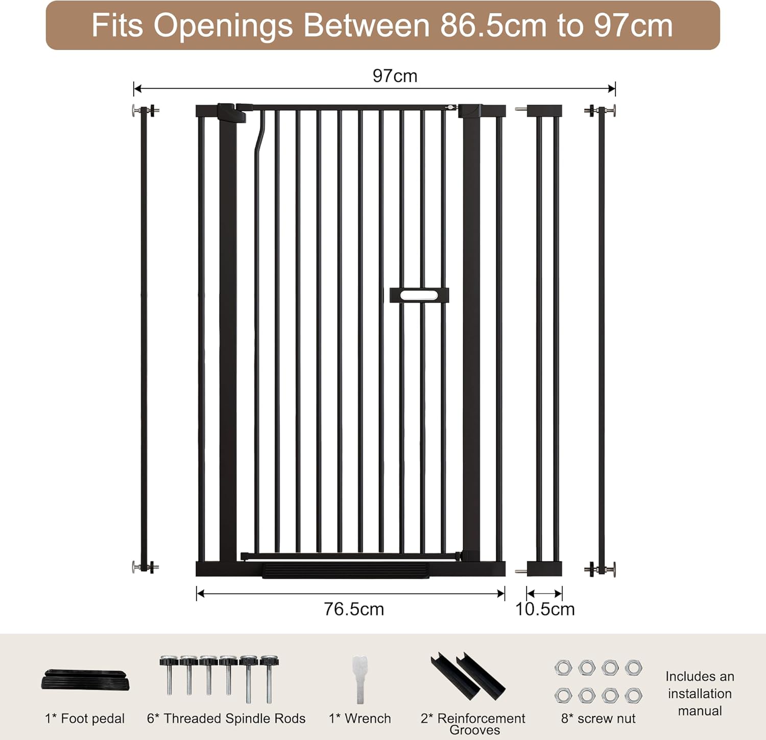 Cat Gate for Doorways, 55.1" Extra Tall Dog Gate Indoor for Stairs/Hallways/Kitchen, 34-38.1" Wide Include 4.13" Extension Kits, No Drilling Auto Close High Pressure Mounted, Black