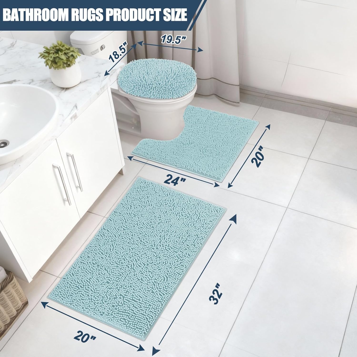 Bathroom Rugs Sets 3 Piece with Adjustable Toilet Seat Cover 19.5"x 18.5" Machine Washable Bath Rug Set with TPR Non Slip Rubber Backing Solid Bath Mat Set for Luxury Bathroom Decoration