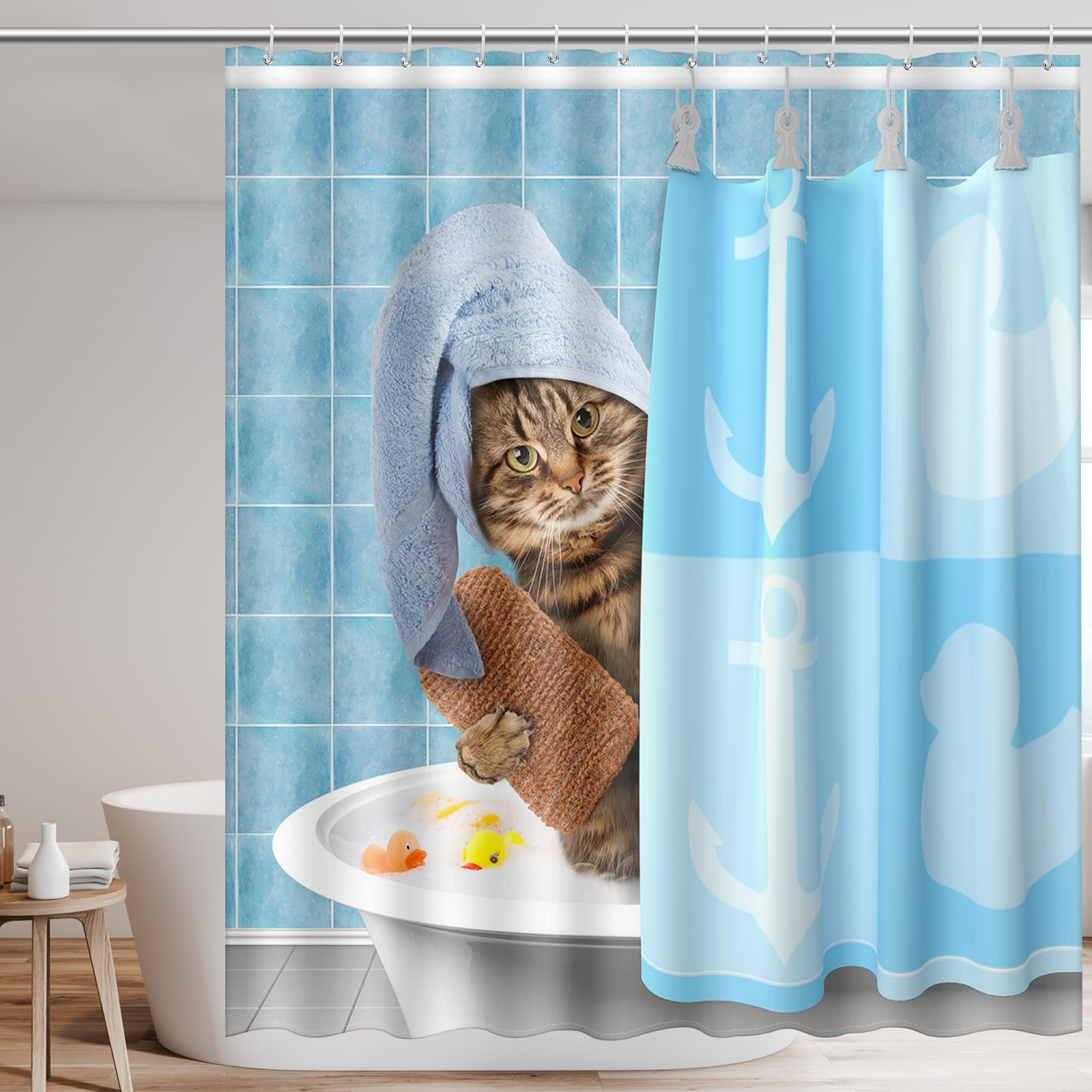 Bathing Cat Cute Kitten Cat Shower Curtains for Bathroom Funny Cat Series Bathroom Curtain Waterproof Fabric Bath Curtain Polyester Bathroom Decor Accessories With 12 Hooks For Home Hotel Room,72"x72"