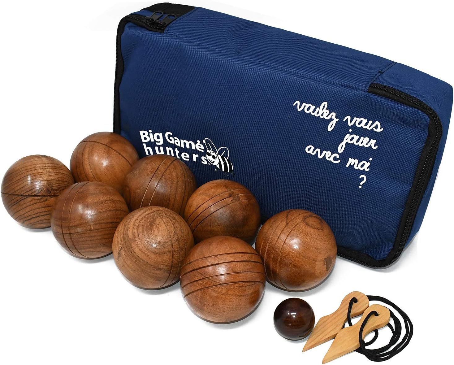 Big Game Hunters Wooden Boules Set of 8 Solid Engraved Balls with Padded Canvas Carry Case, Petanque Garden Game