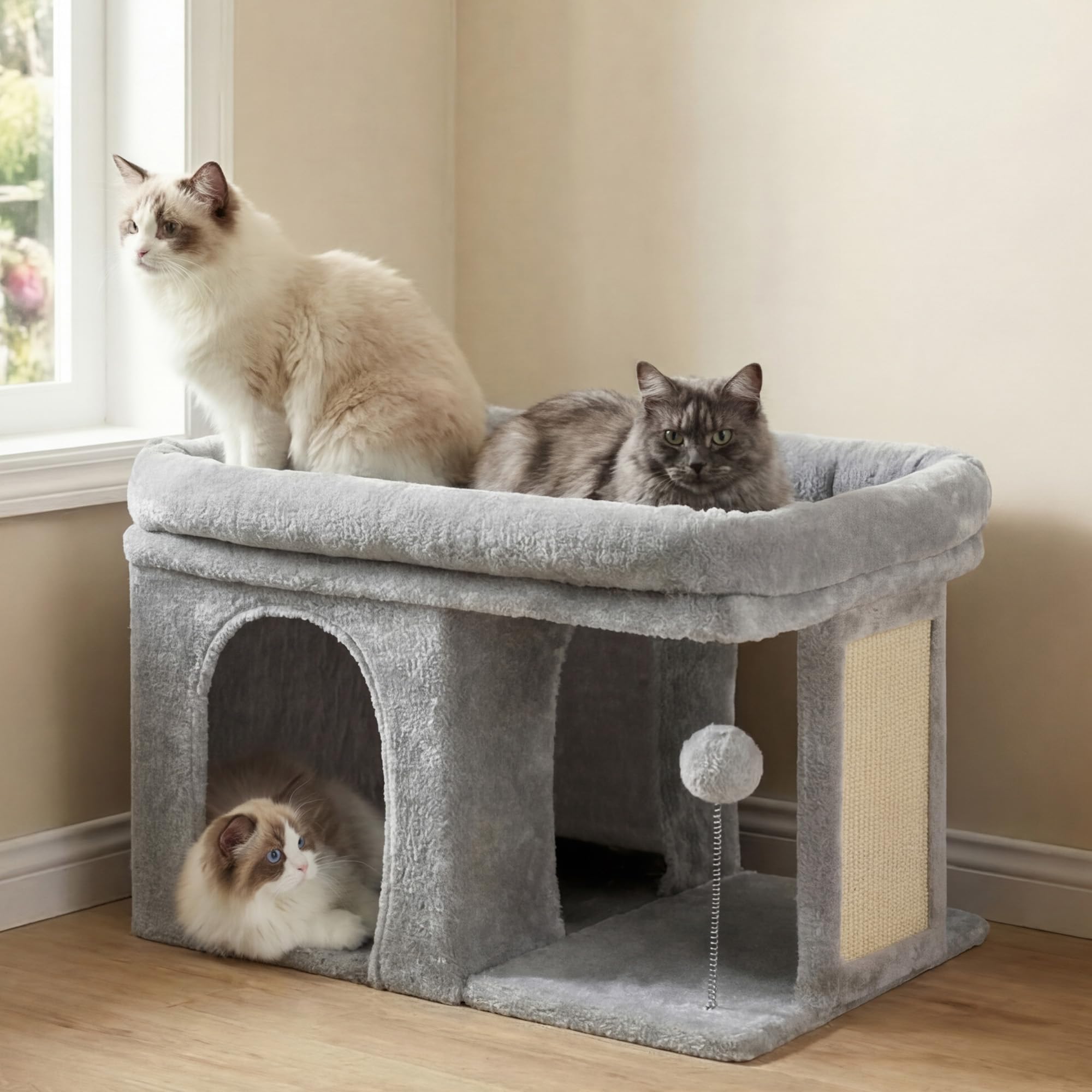 Heybly Kratzbaum, 35 cm Hoher Katzenbaum mit Großem Ruhebett und Gemütlichem Katzenhaus für Erwachsene Katzen, Inklusive Kratzpfosten und Interaktivem Plüschball, Hellgrau HCT203SW