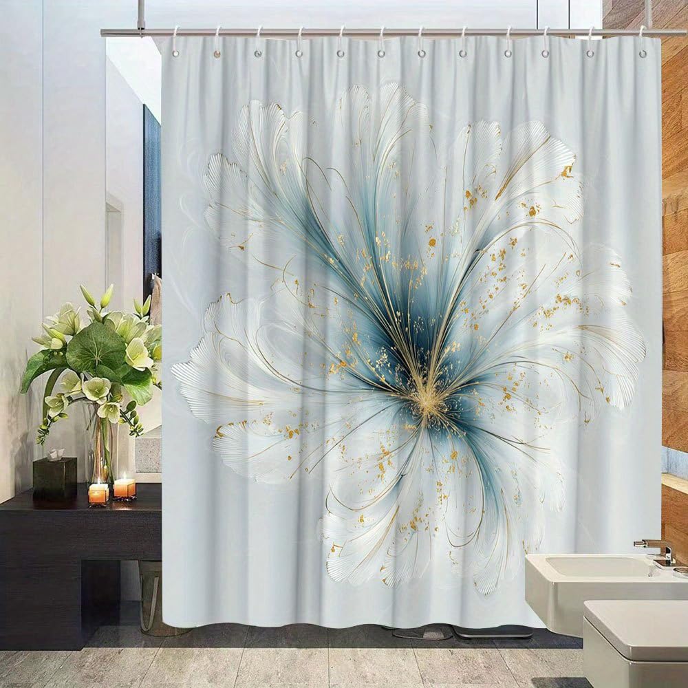 Extra Langer Duschvorhang mit Blumenmuster,eleganter Duschvorhang im Landhausstil mit Farbverlauf von Weiß zu Blau,maschinenwaschbar,aus Polyestergewebe (165 x 165 cm/65 x 65 Zoll (B x H)