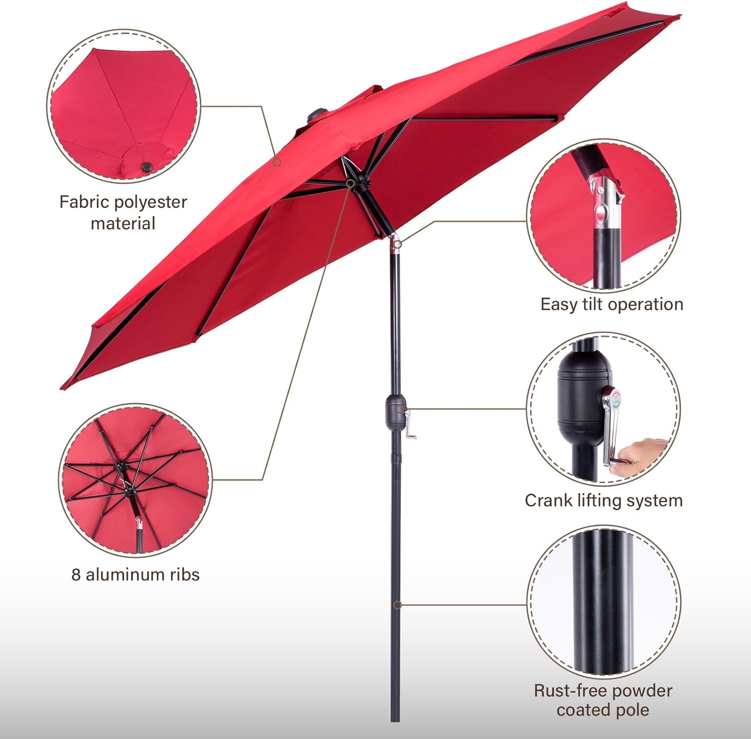 9 Ft Red UV Resistant Polyester Patio Umbrella with Crank and Tilt