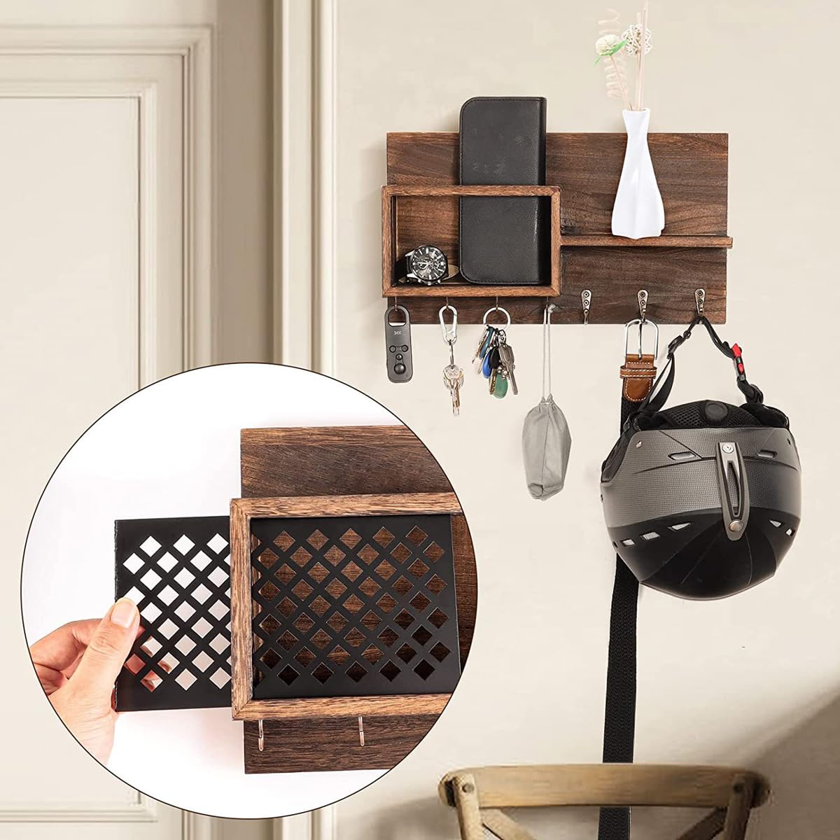 Porte-manteau mural avec étagère de rangement et 7 crochets, organiseur d'entrée avec panier tissé, design en bois massif durable pour couloir, chambre à coucher