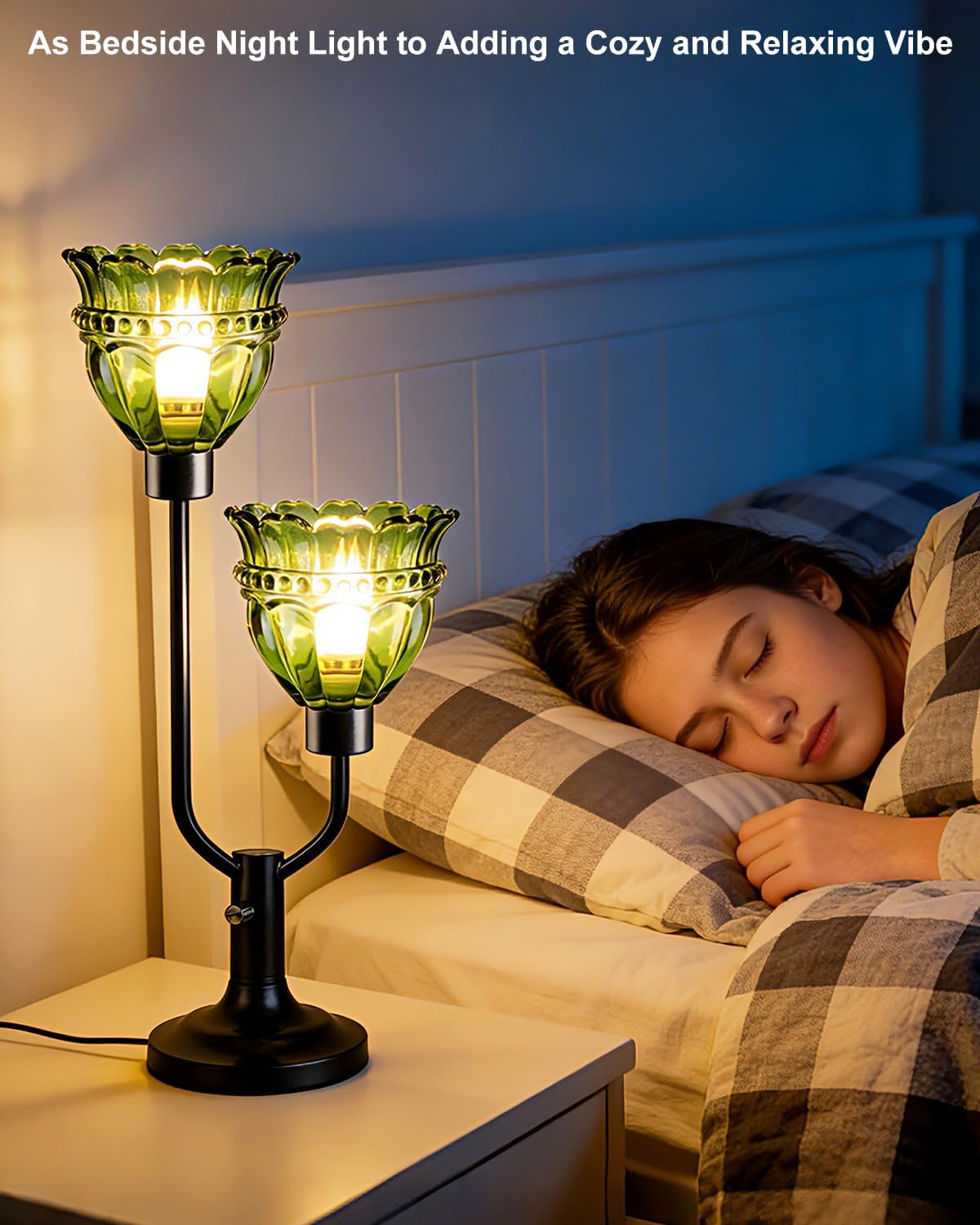 Lightdot Mid Century Modern Glass Green Table Lamp Black Dimmable Desk Lamps with Crown Glass Shade & 2Pcs 3000K Warmwhite Bulbs Included U-Shaped Bedside Nightstand Lamp for Living Room Bedroom