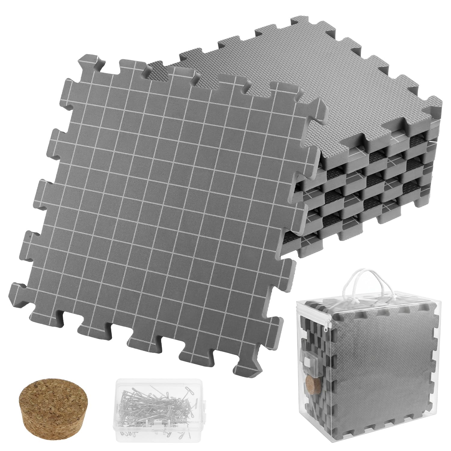 QWORK® 9 Stück Blocking-Matten Häkelset, 1,9 cm Dicke Spannmatten Stricken mit 100 Nadeln, Aufbewahrungstasche und Nadelkissen
