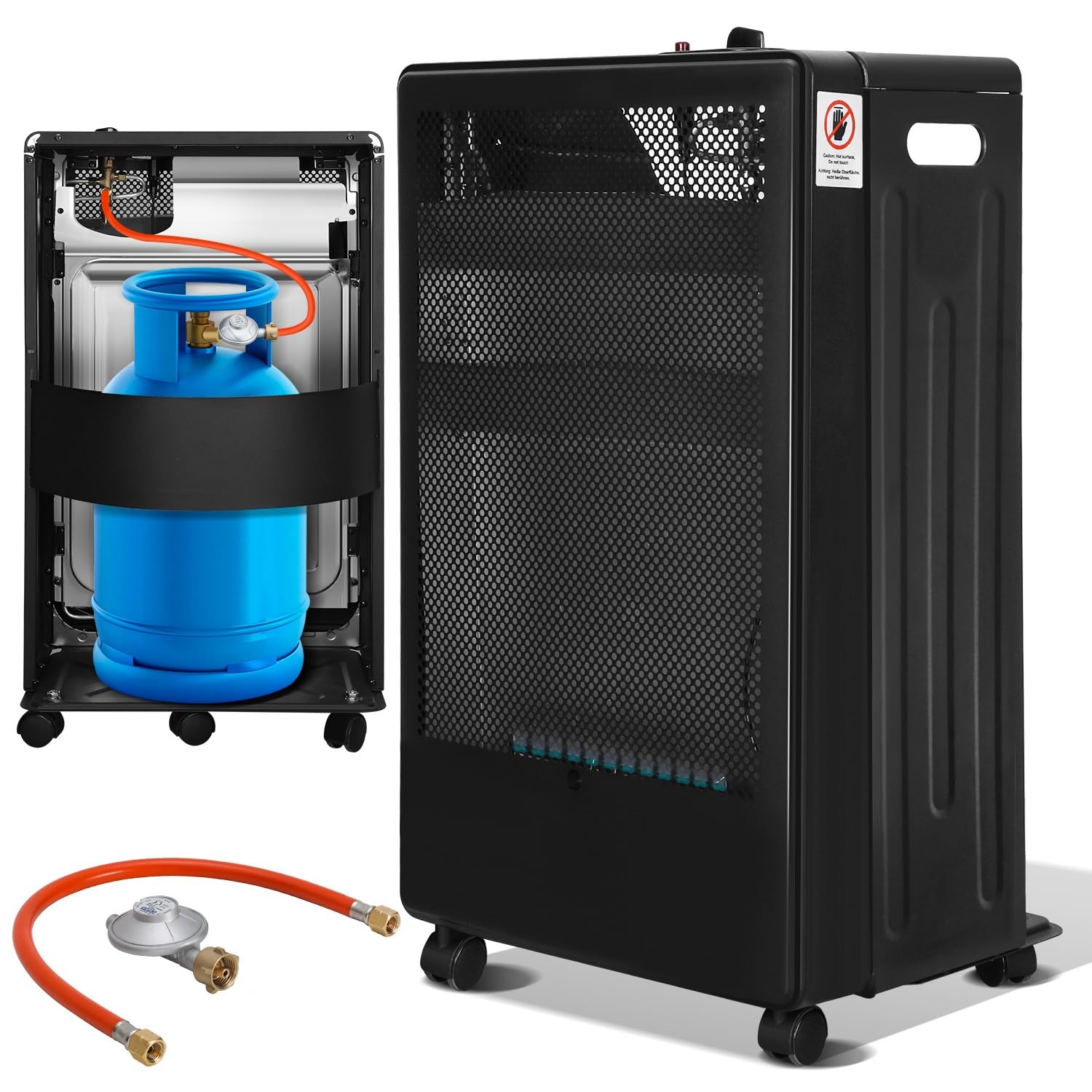 Gasheizer 3800 Watt Gas Heizstrahler inkl. Gasdruckregler Gasschlauch, Gasheizofen Gasheizgerät, Gasheizung für Innenräume, für Gasflaschen bis 15kg