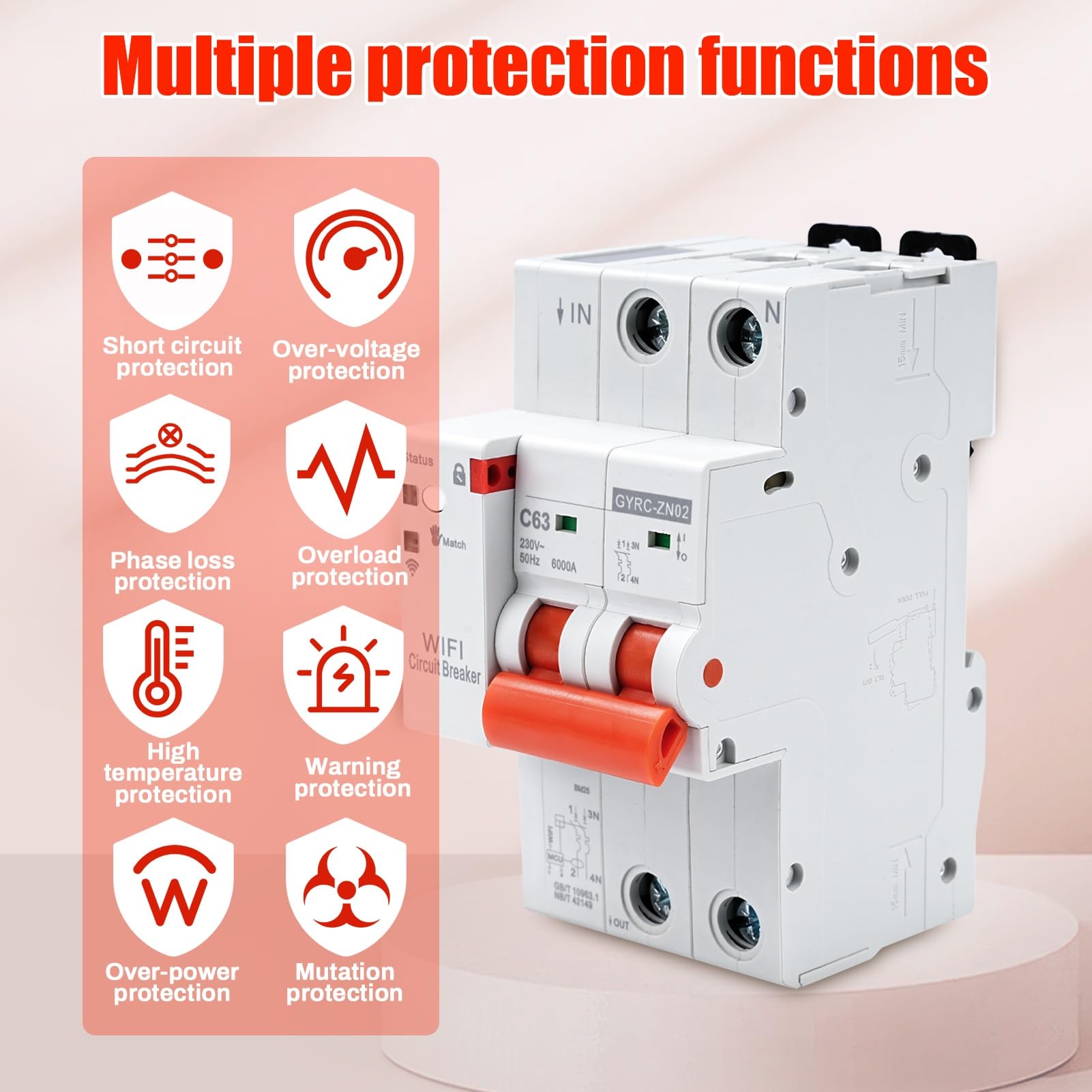 Jadeshay Disyuntor Inteligente WiFi 2P 63A Interruptor Magnetotermico con Protección contra Sobretensión Sobrecarga