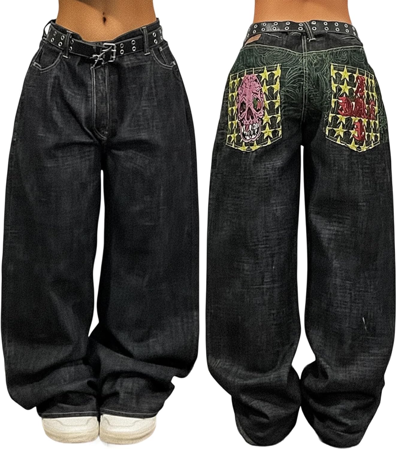 EMMIOL Women Y2K 90S Hip Hop Baggy Jeans Boyfriend Wide Leg Denim Pants Mid-High Rise Loose Streetwear Outfits