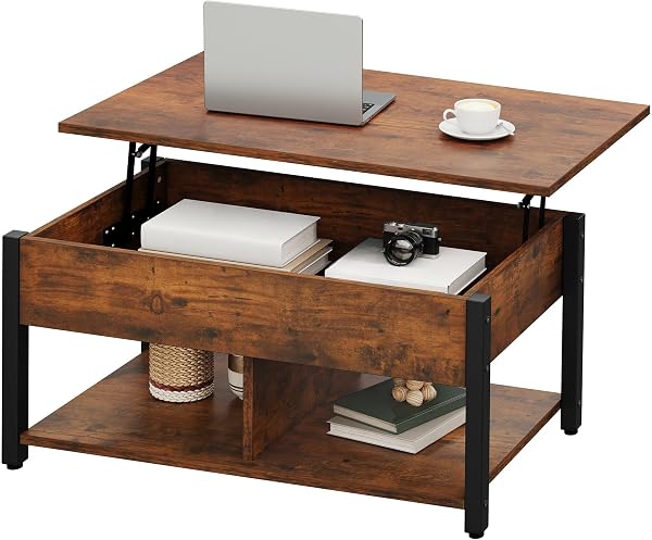 YITAHOME 4-in-1 Lift Top Coffee Table with RGB Light & Dual Tops, Multi-Function Table with Power Outlets, Storage, Conv