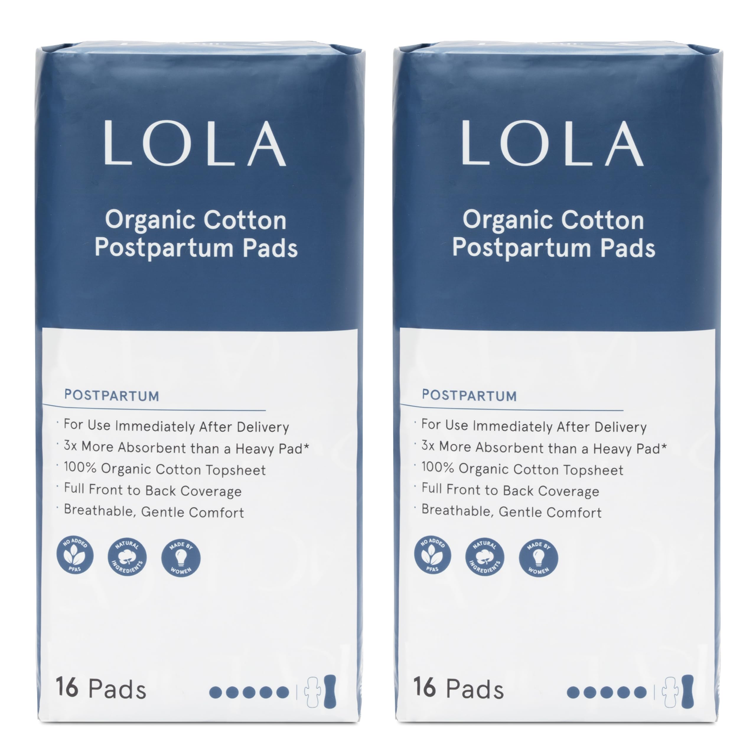 LOLA Organic Cotton Postpartum Pads - Max Absorbency Pads for Postpartum Bleeding - Extra-Long Overnight Liners for Women - Hospital Bag Essentials -