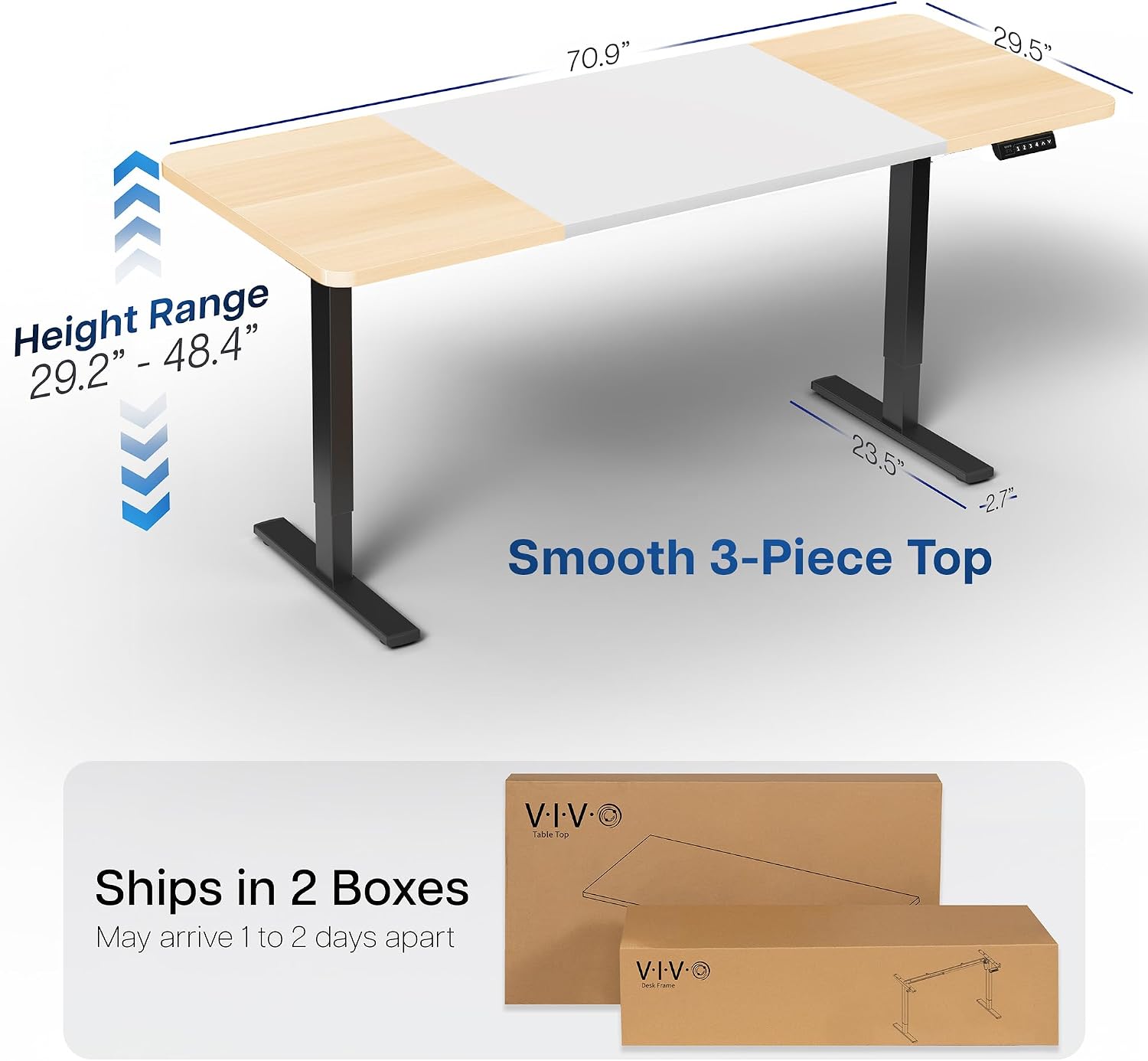 VIVO Electric 71 x 30 in Standing Desk, Memory Height Adjustment, 1B Series, Holds 220 lbs, White and Light Wood Top, Black Frame, DESK-KIT-1B7WC thumbnail