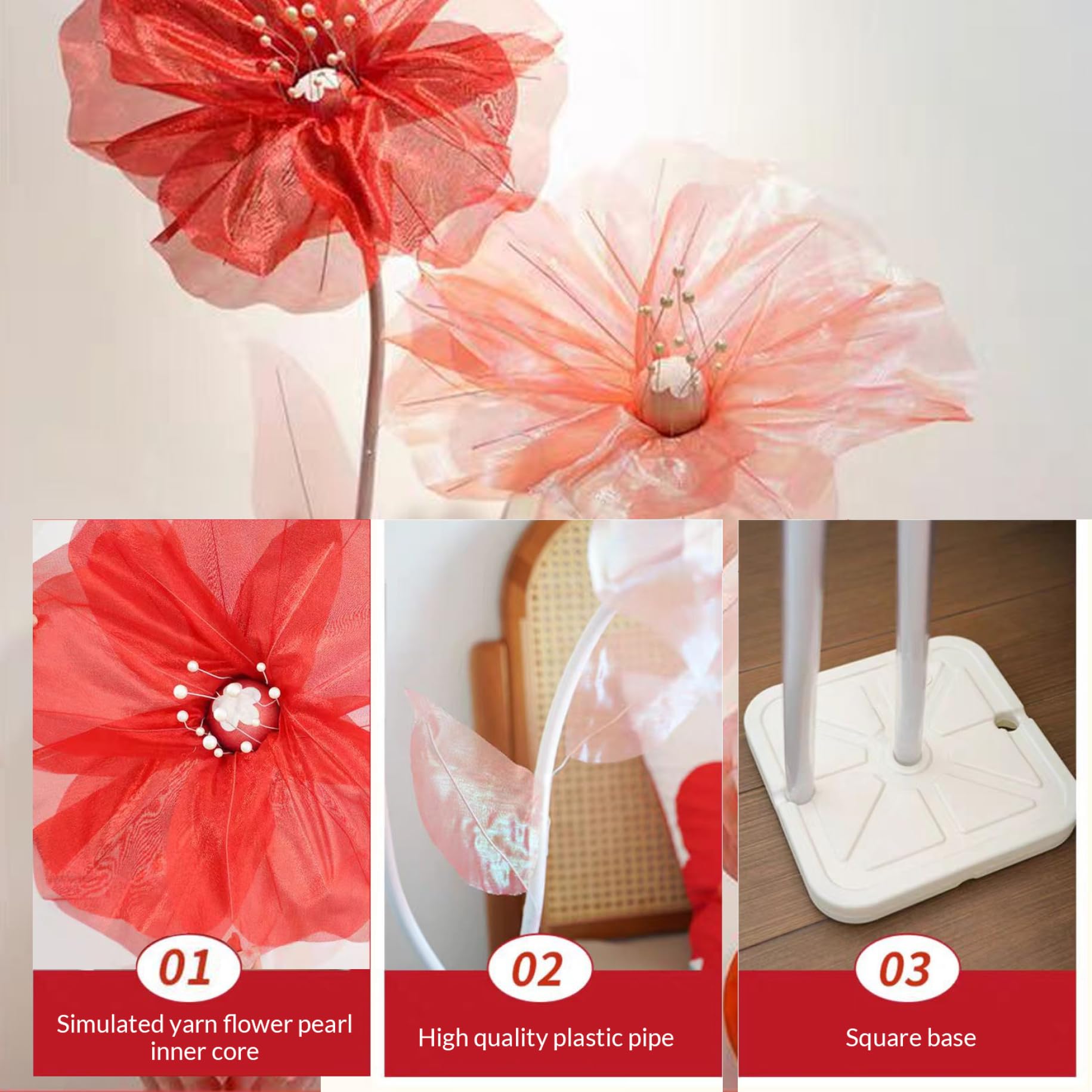 Set Fleurs Géantes En Gaze – 3 Têtes (50, 60, 70 Cm) Avec Tiges Pliables Et Base, Déco événement Mariage, Photo, DIY