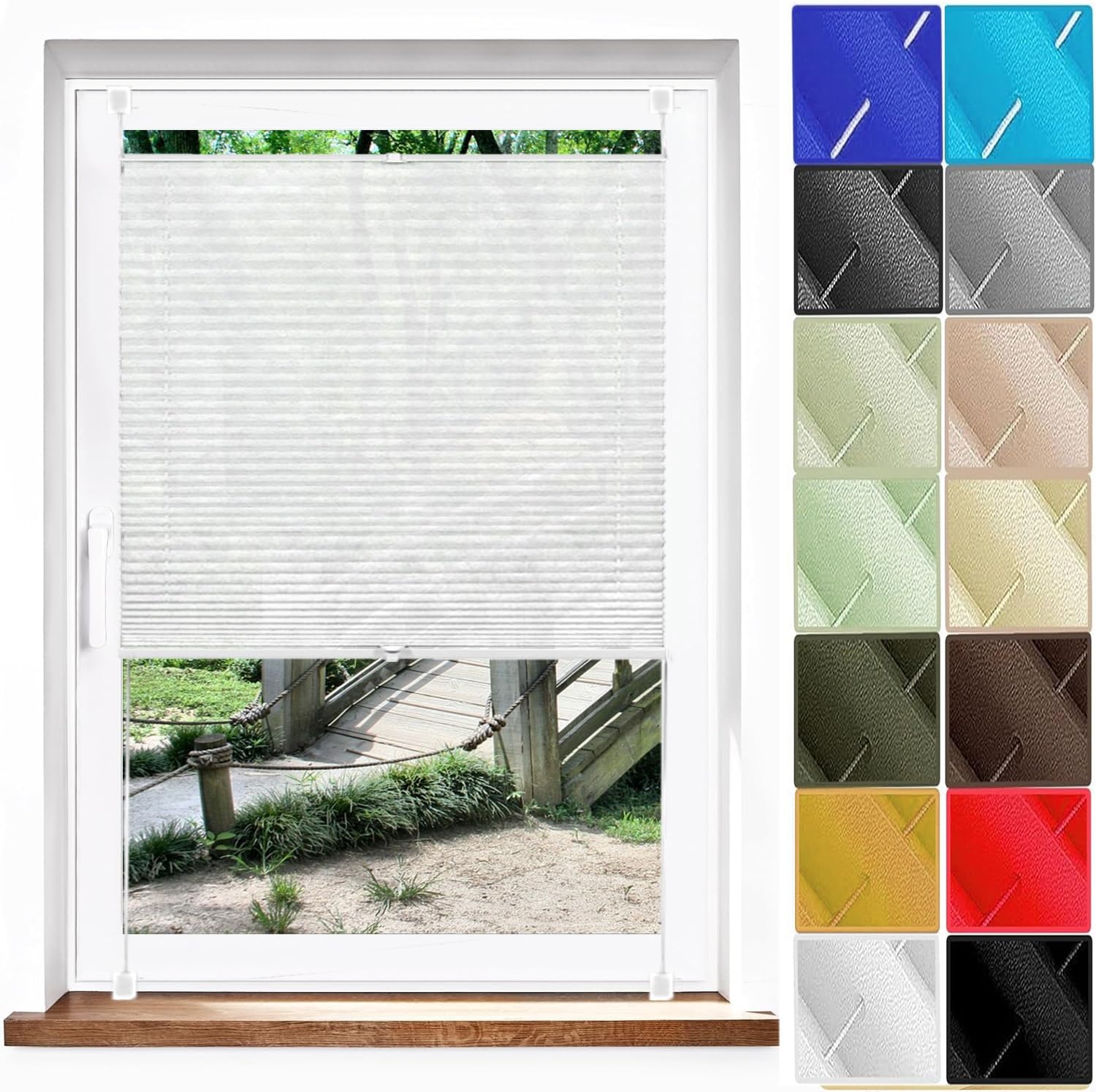 Jalousien Fenster Raffrollo, Fenster Plissee 24 x 60 cm, Nach Maß Qualität Ohne Bohren, Plisseerollo Faltrollo Faltstores, Klemmfix Plissee Ohne Bohren, für Fenster & Tür, Weiß
