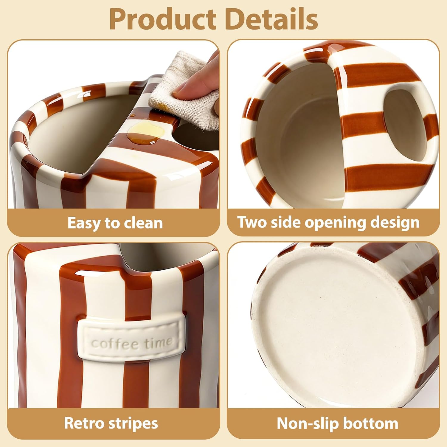 Ceramic Coffee Mug with Sip Hole, 10oz Retro Striped Coffee Cups, Cute Ceramic Coffee Mugs Hand-Painted Striped Art, Perfect Present for Coffee Lovers