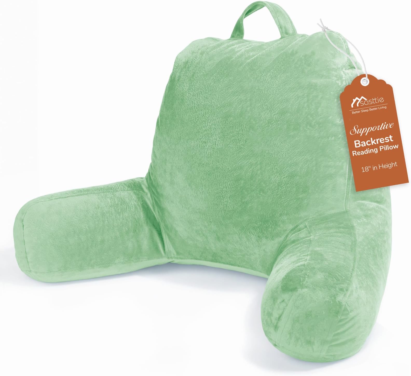 Sasttie Reading Pillow, Velvet Back Pillow for Bed Sitting Up, Adult Back-Rest Support Cushion with Arms for Sit Up on Couch, Sofa, and Floor, Dorm Essentials, Reading Accessories, Light Green