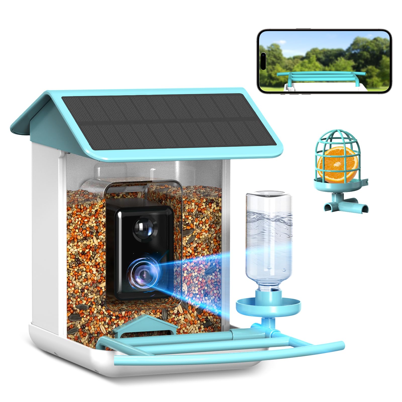 Bird Feeder with Camera, Free AI Forever for 11,000+ Species, 64G TF Card & 1080P HD, Solar-Powered Wireless Outdoor Design, App Alerts & Two-Way Audio for Garden Wildlife Watching