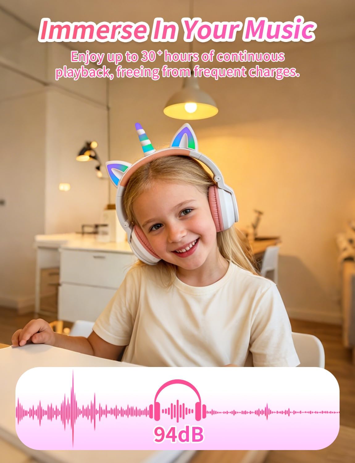 Unicorn Kids Headphones for Girls, Bluetooth Wireless Foldable Headphones with Light Up Cat Ears, 93dB Volume Limited, for Toddlers Tablet/iPad/Amazon Fire, Birthday Gifts, White